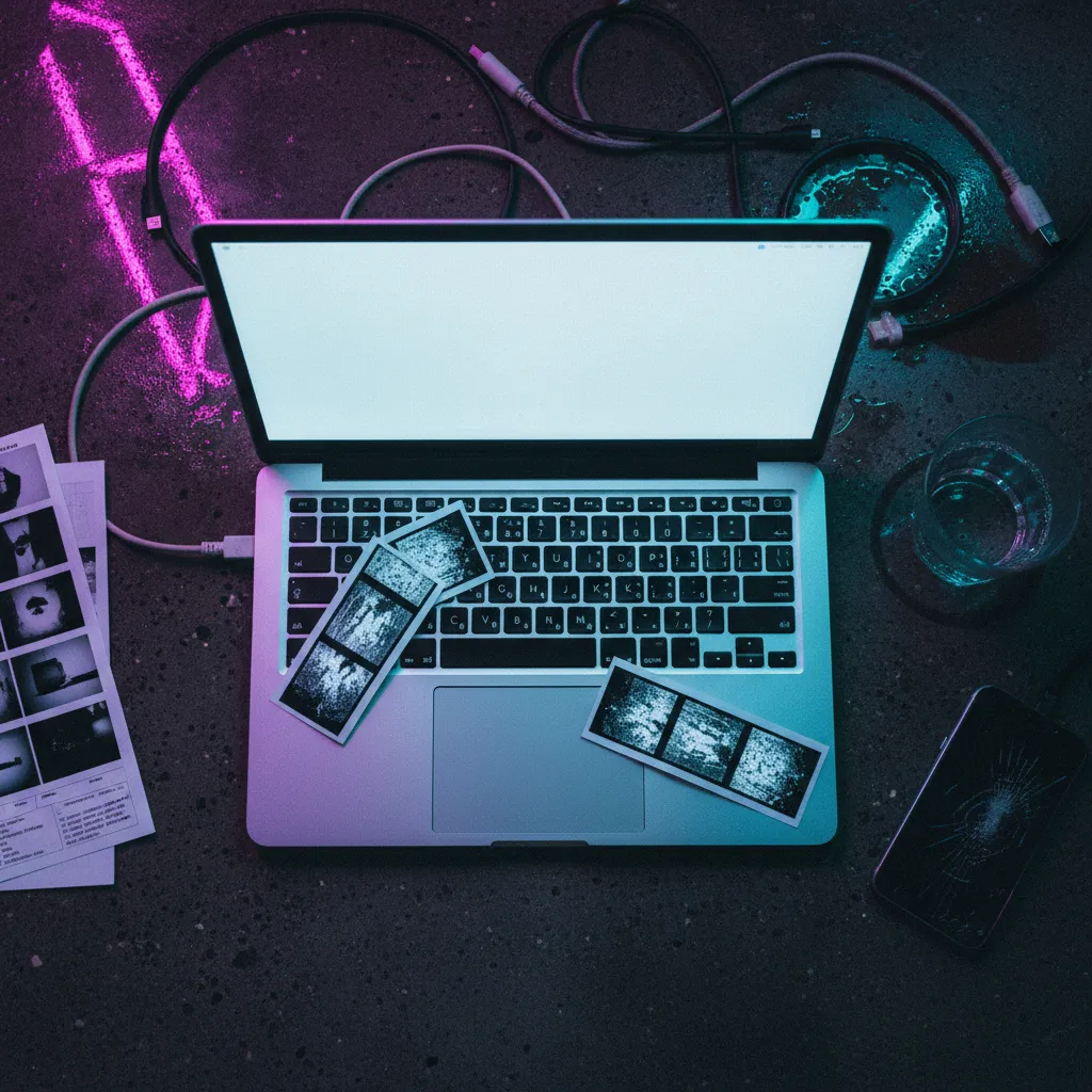 Example of AI-generated MacBook Photo Booth webcam collage with three panels showing cool screen-lit lighting and webcam grain