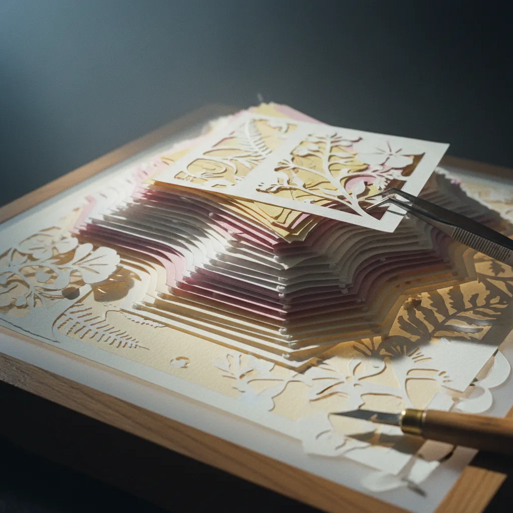 AI papercraft illustration portrait showing multi-layered paper-cut couple scene with botanical details and dimensional shadows