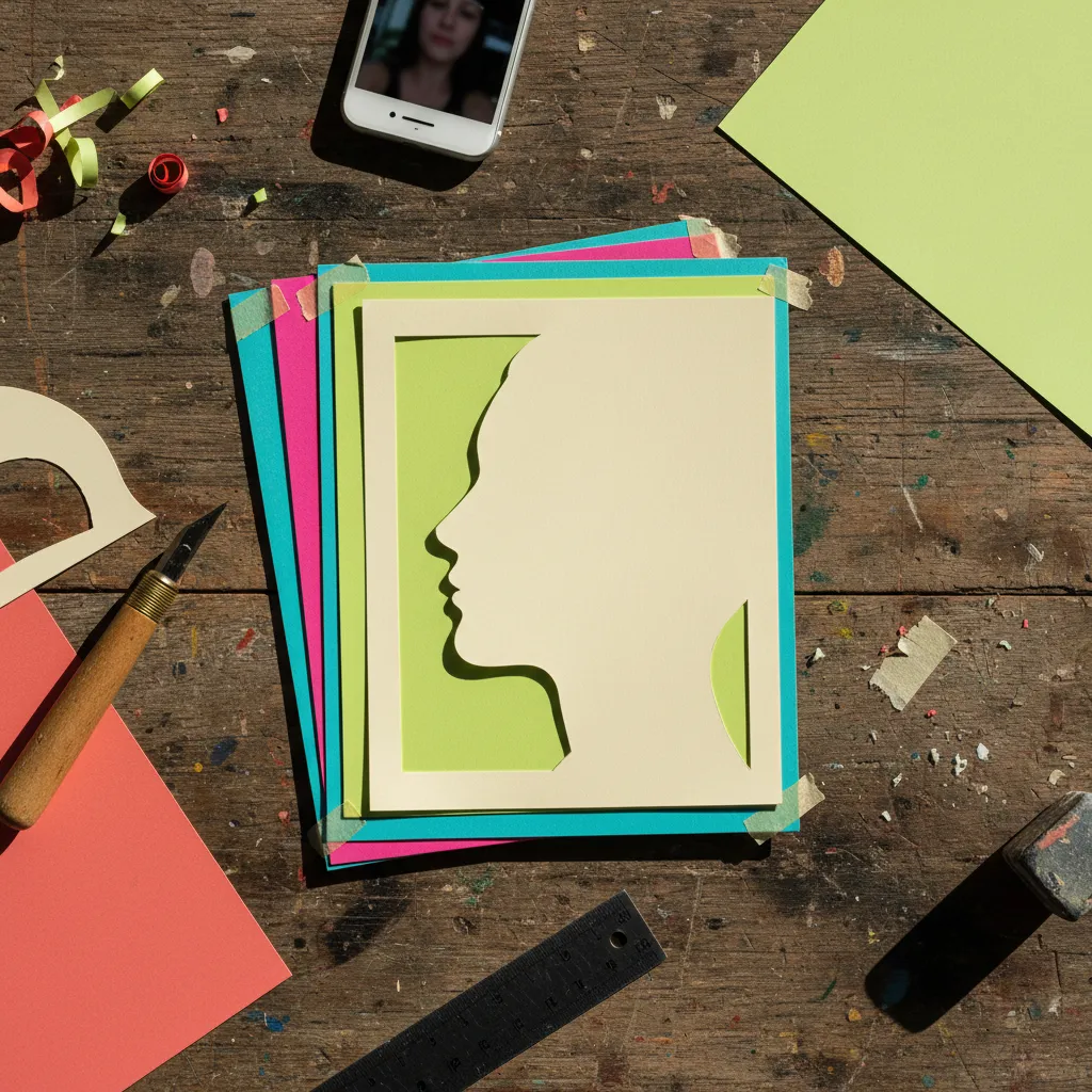 Step-by-step process of transforming a selfie into an AI layered paper-cut illustration with visible depth and shadow