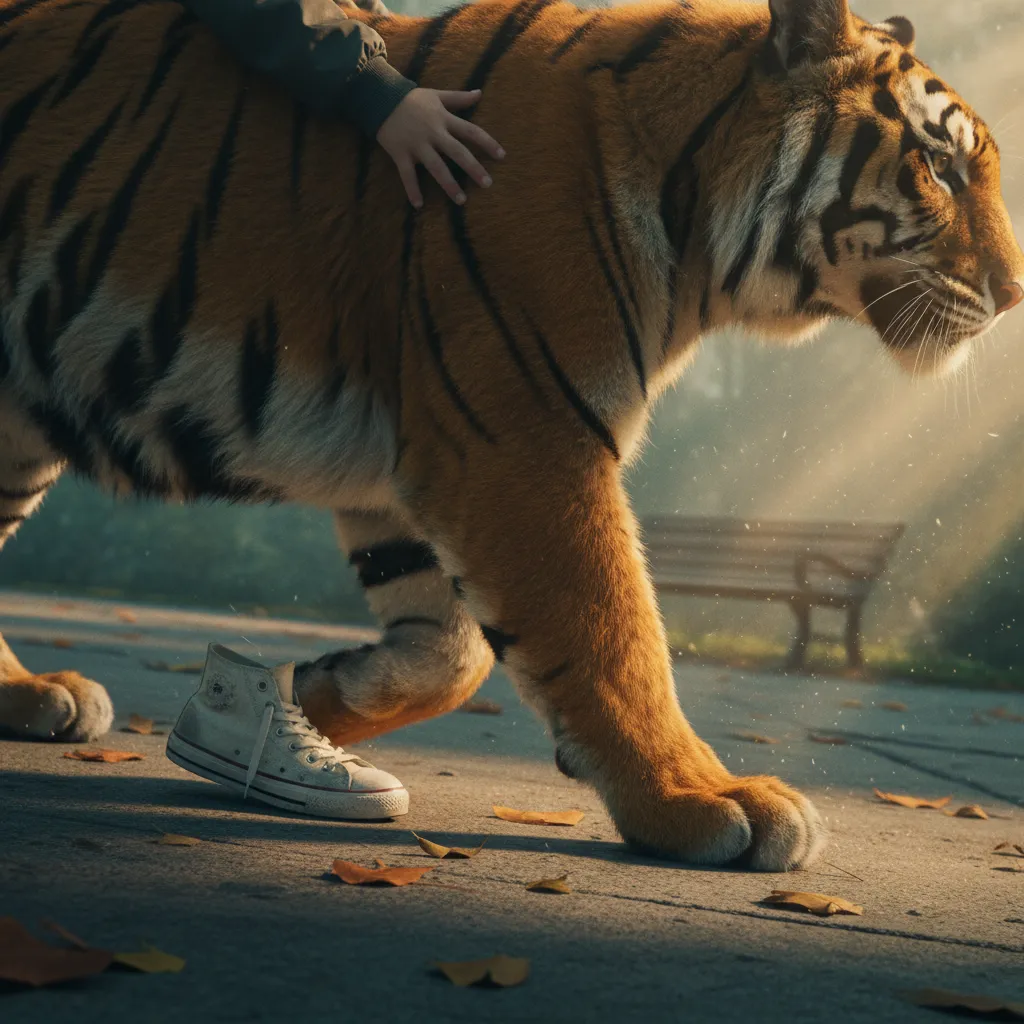 Wholesome AI-generated scene of a child walking alongside a gentle tiger companion