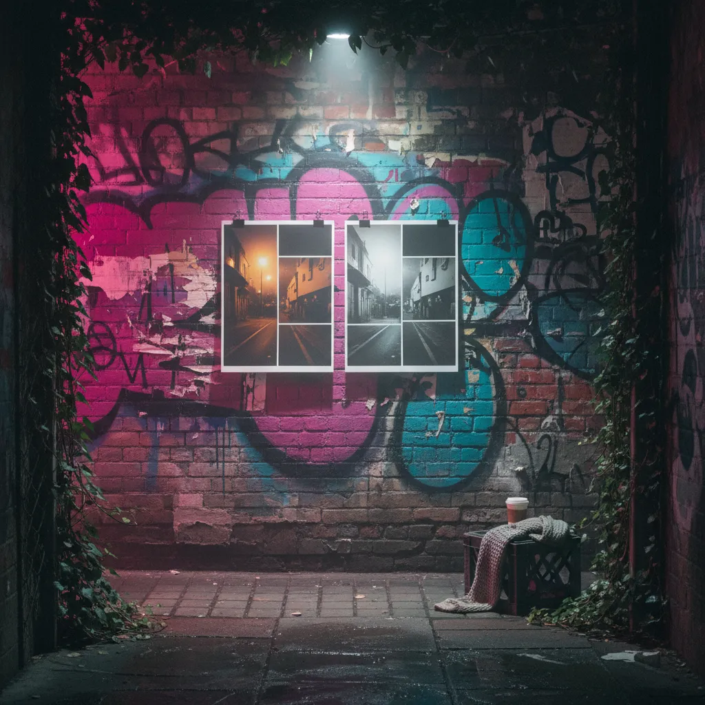 Side-by-side showing matched vs mismatched lighting on an AI graffiti wall portrait composite