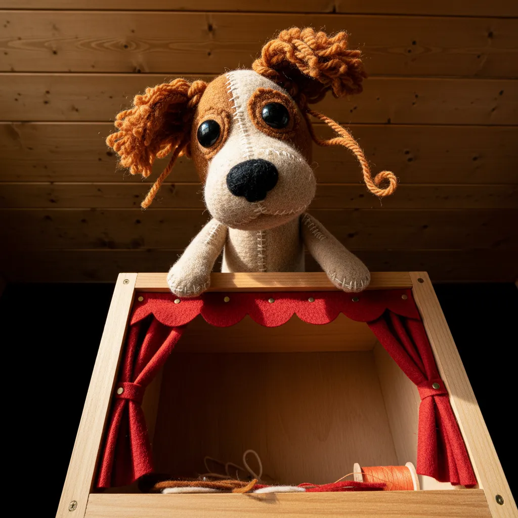 AI felt puppet portrait of a pet dog with yarn fur and button eyes in a miniature puppet stage setting