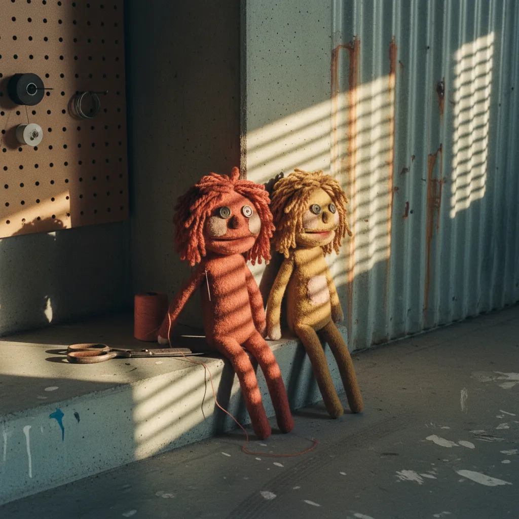 AI Muppet felt puppet portrait compared with original selfie showing felt texture and yarn hair details