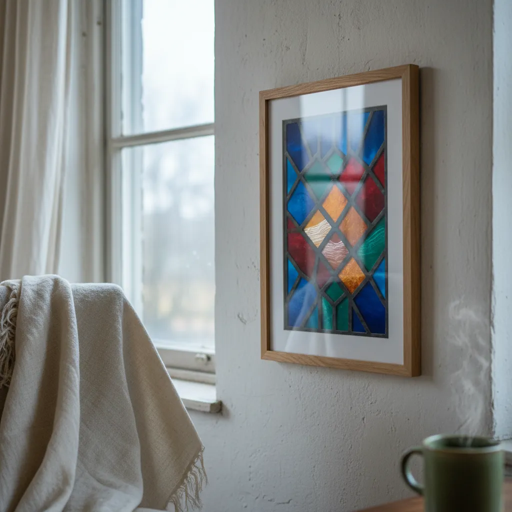 AI stained glass portrait printed on metallic paper displayed as wall art next to a sunlit window