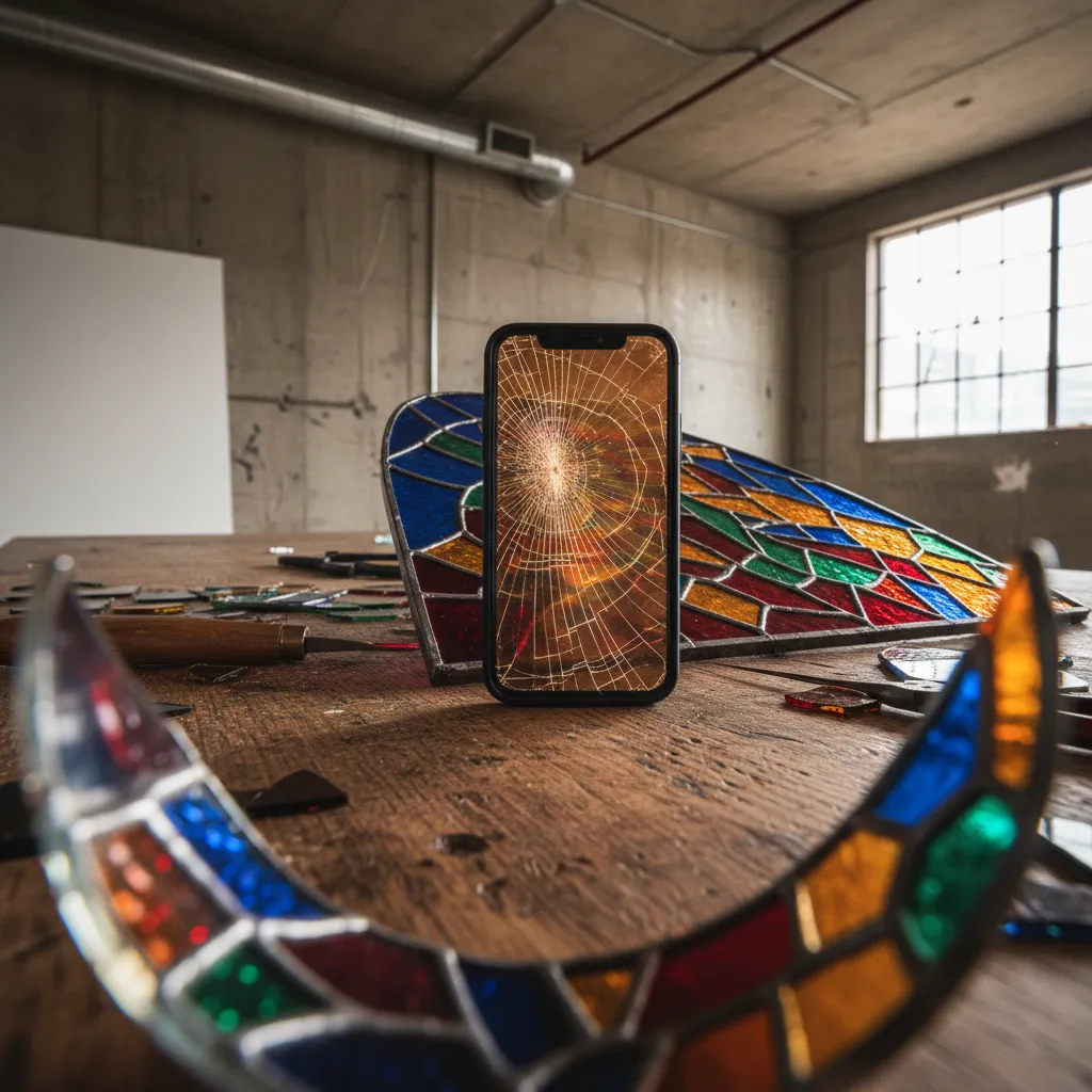 Selfie photo next to its AI stained glass portrait transformation showing jewel-toned cathedral art effect