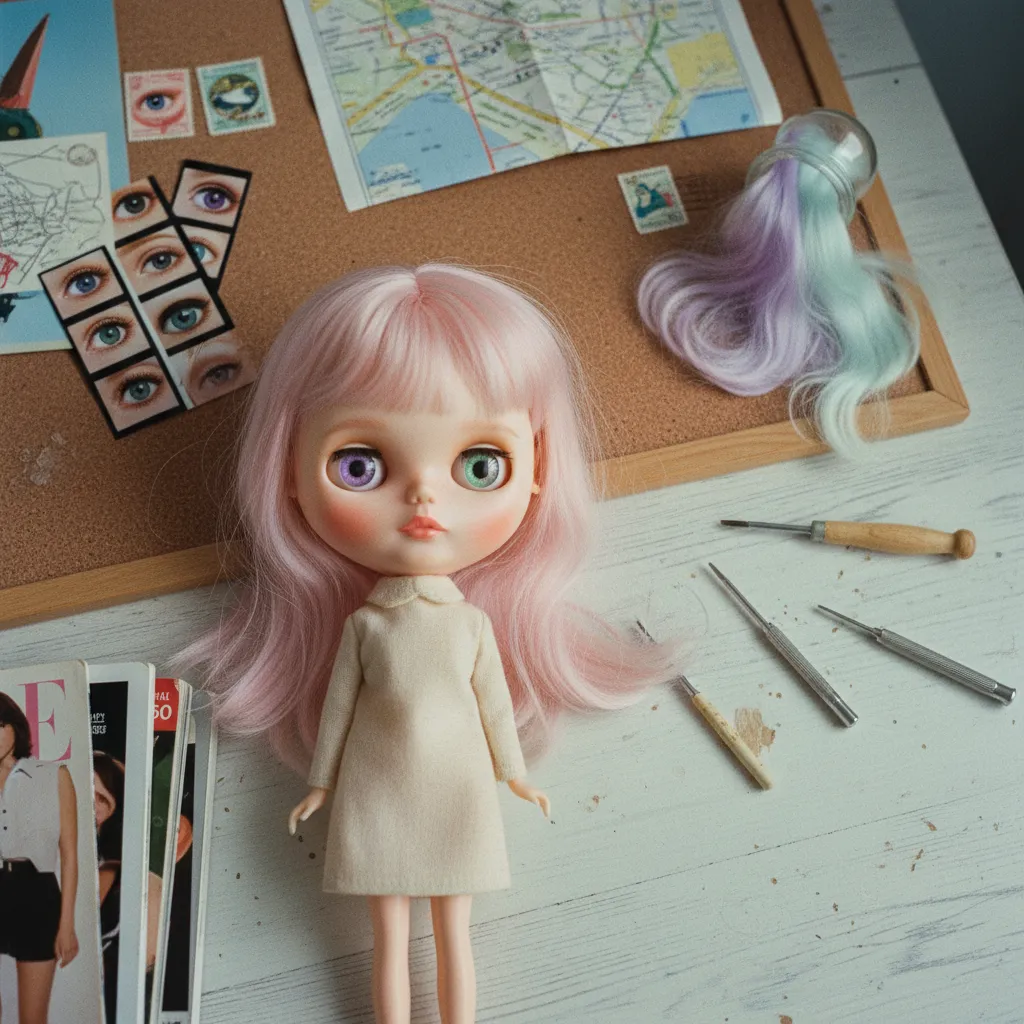 Example of an AI-generated Blythe doll lookalike portrait with oversized glossy eyes and pastel hair