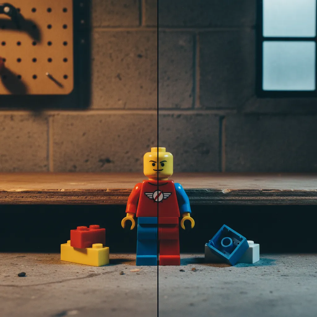 AI-generated LEGO minifigure portrait with collectible box art styling and brick stud background