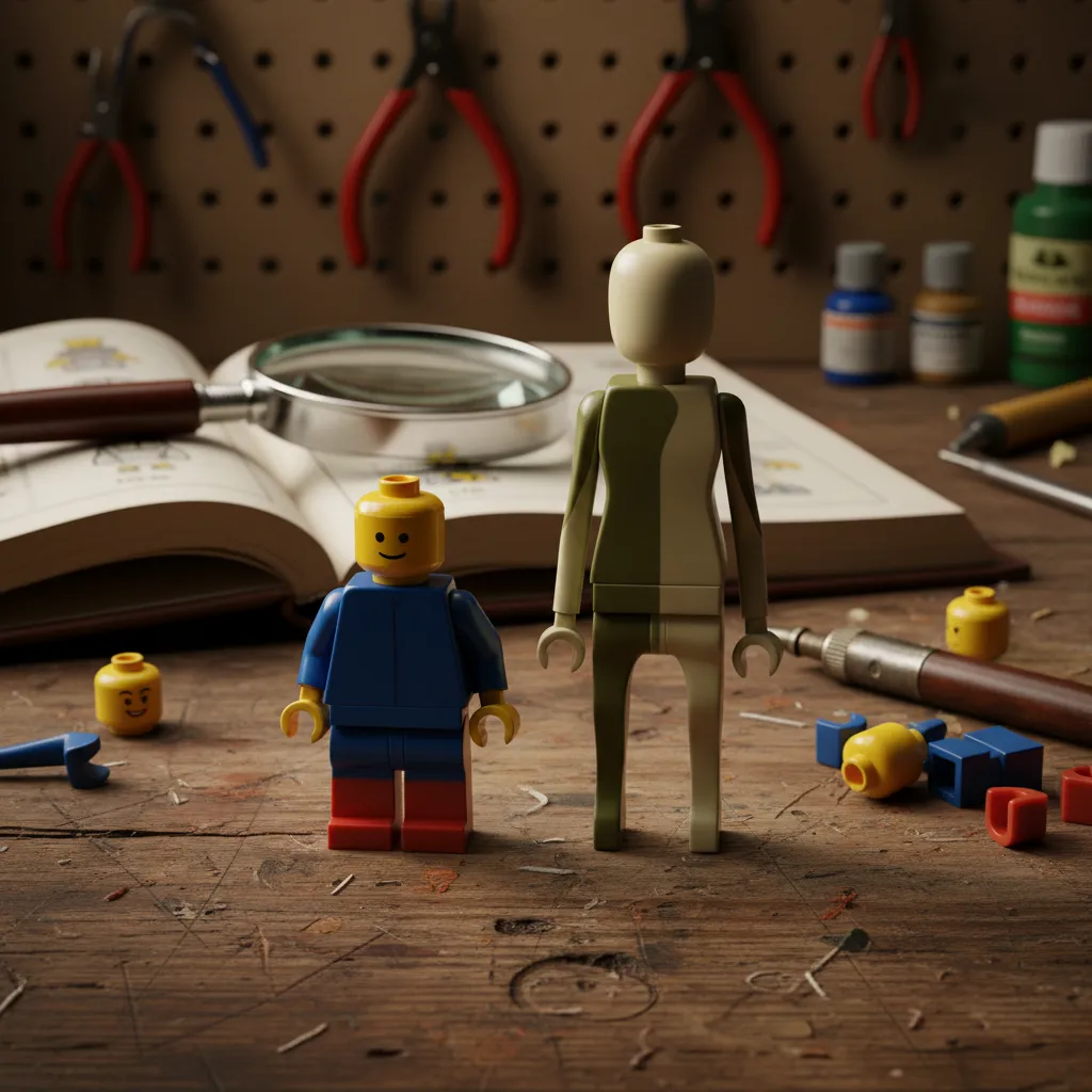 Comparison of AI LEGO portrait with correct minifigure proportions versus incorrect human-like proportions