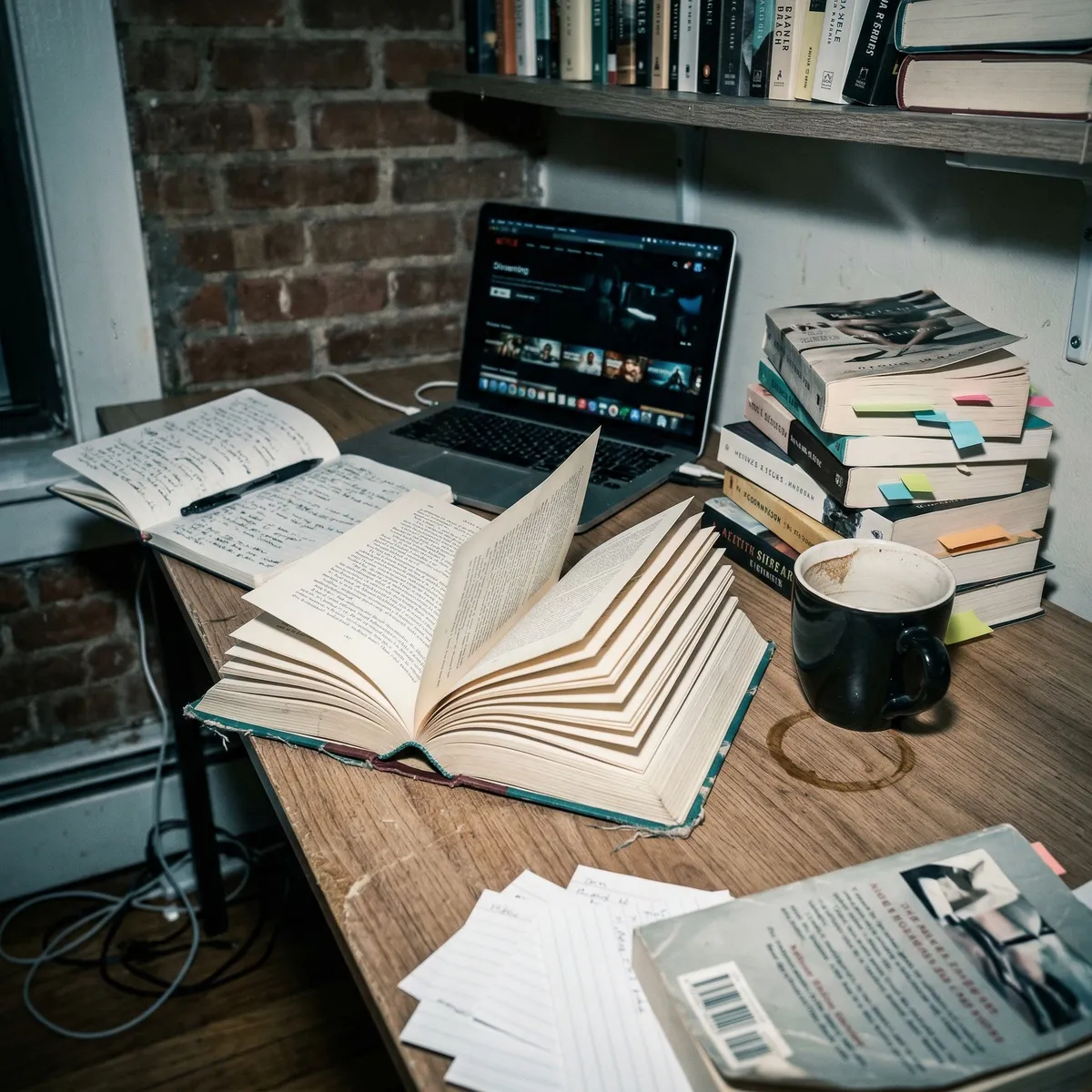 A cozy reading setup with stacked books and a streaming service on a laptop in the background