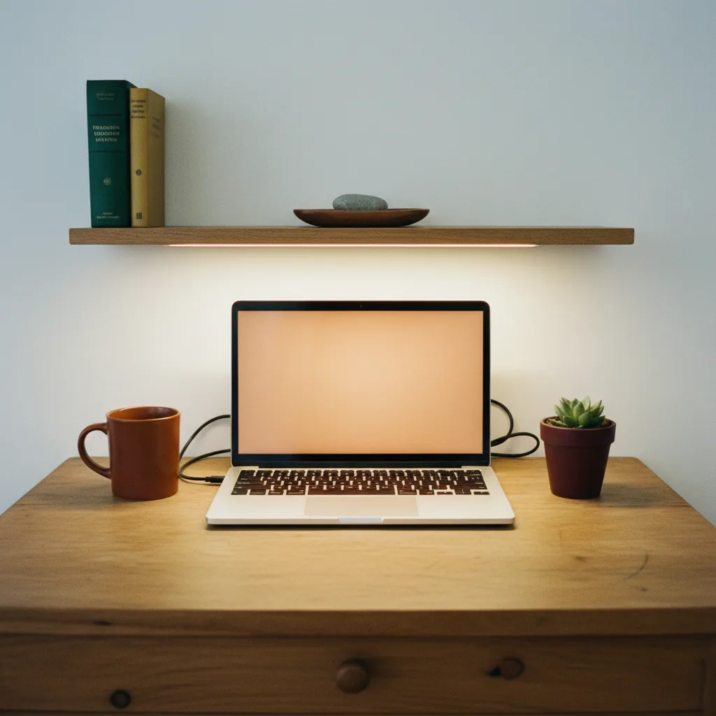 Minimal desk setup with a single screen displaying a streamlined AI content creation workflow