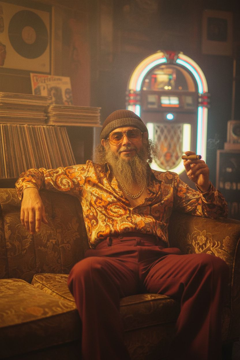 Person styled as a 1970s retro icon in a vintage lounge with vinyl records, neon jukebox light, and velvet sofa