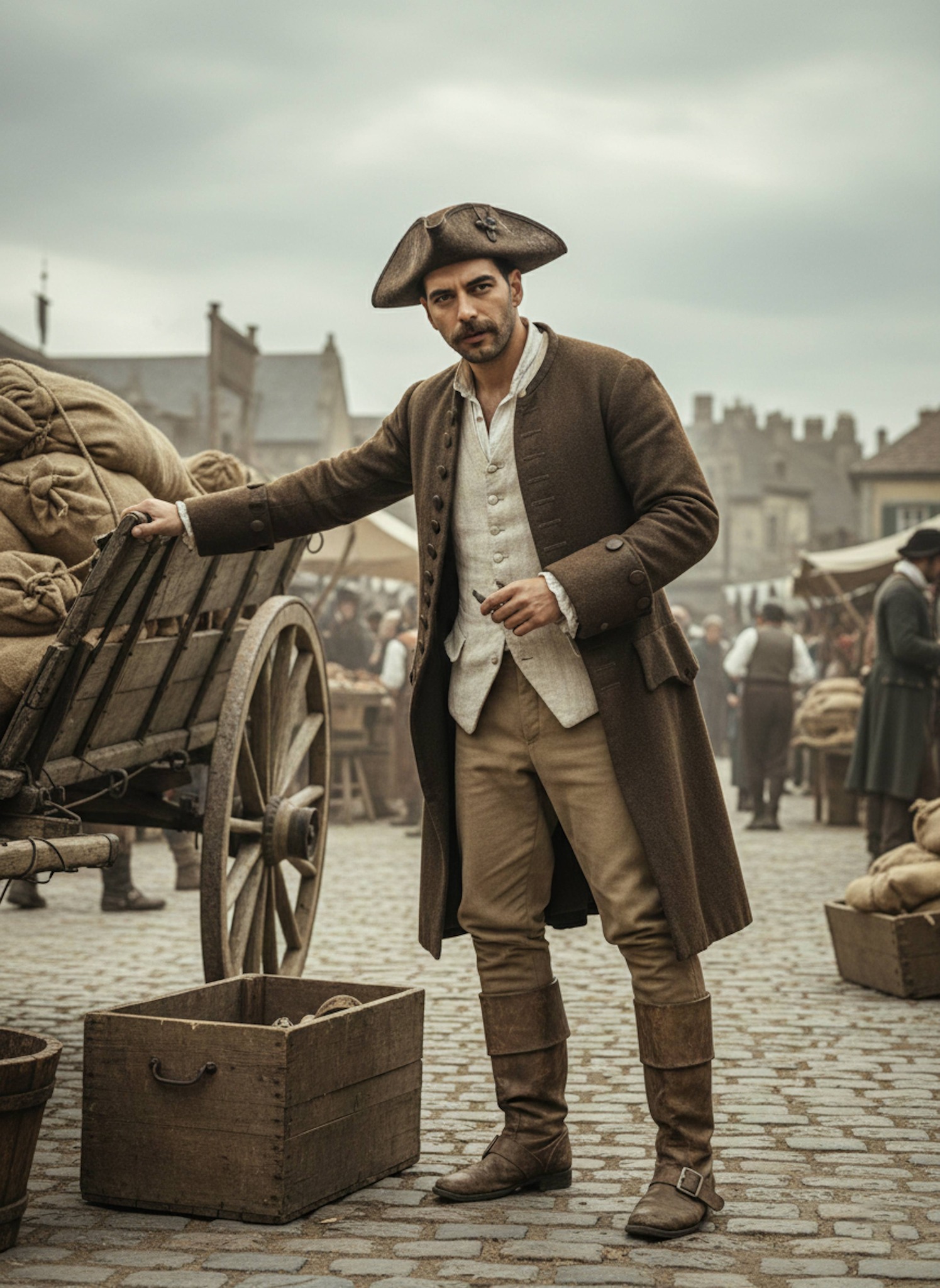 Person in a brown wool frock coat and tricorn hat inspecting crates at an 18th-century cobblestone market with a horse-drawn cart