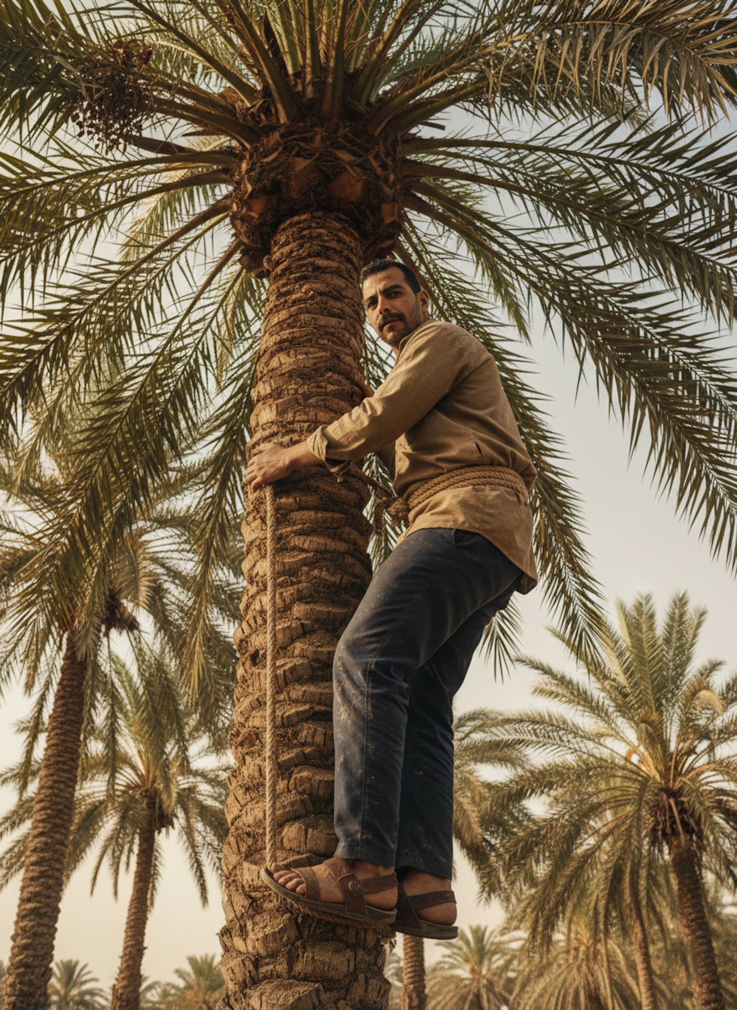 Person climbing a tall date palm tree in Aswan farms with bright sunlight and agricultural landscape