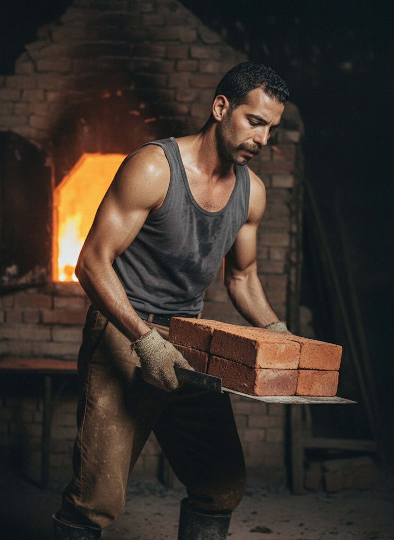 Person carrying hot bricks near an open kiln in Fayoum with intense orange heat glow and documentary realism