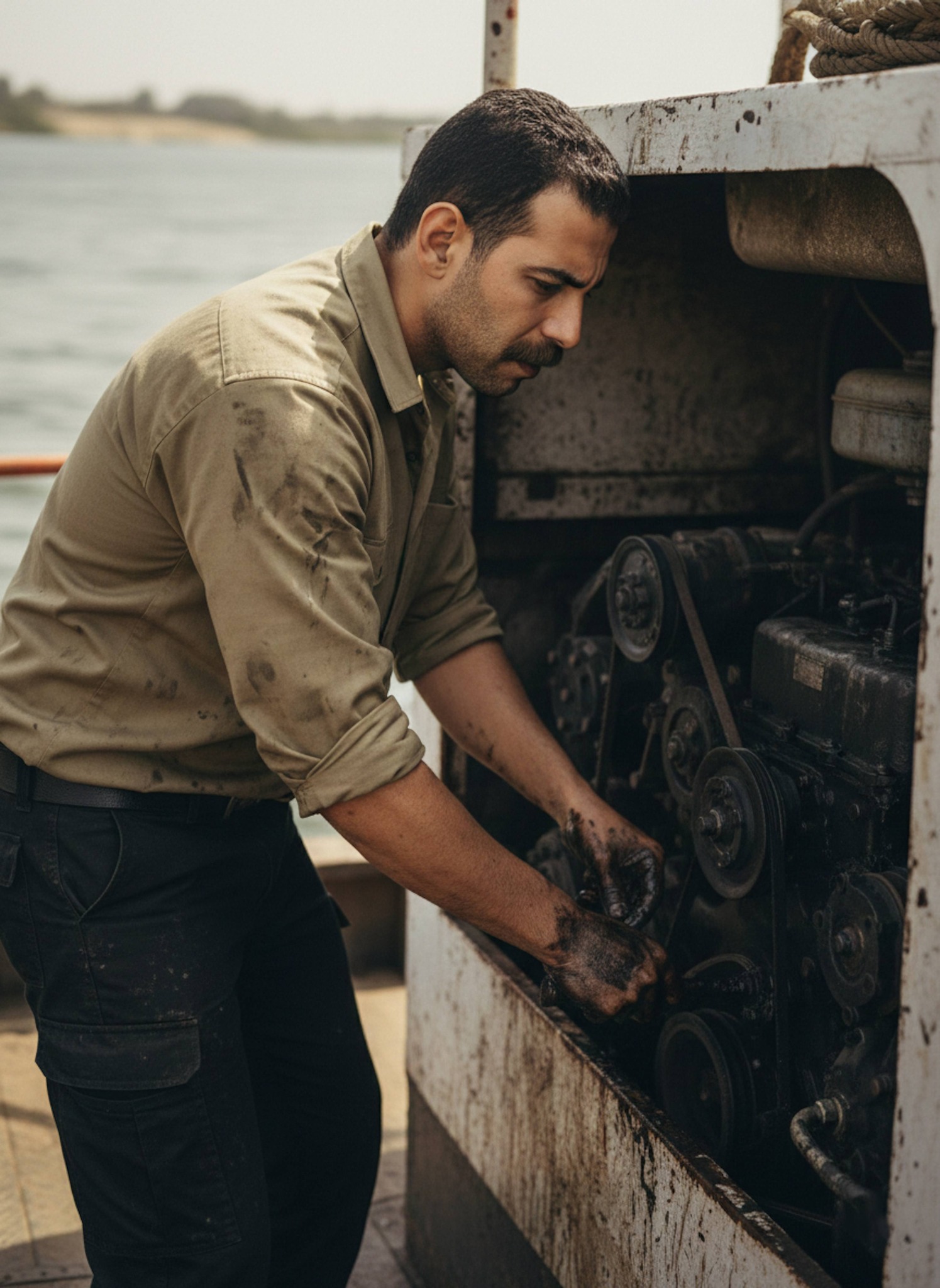 Person repairing an old ferry engine on the Nile river with oil-stained hands and golden river light in documentary style