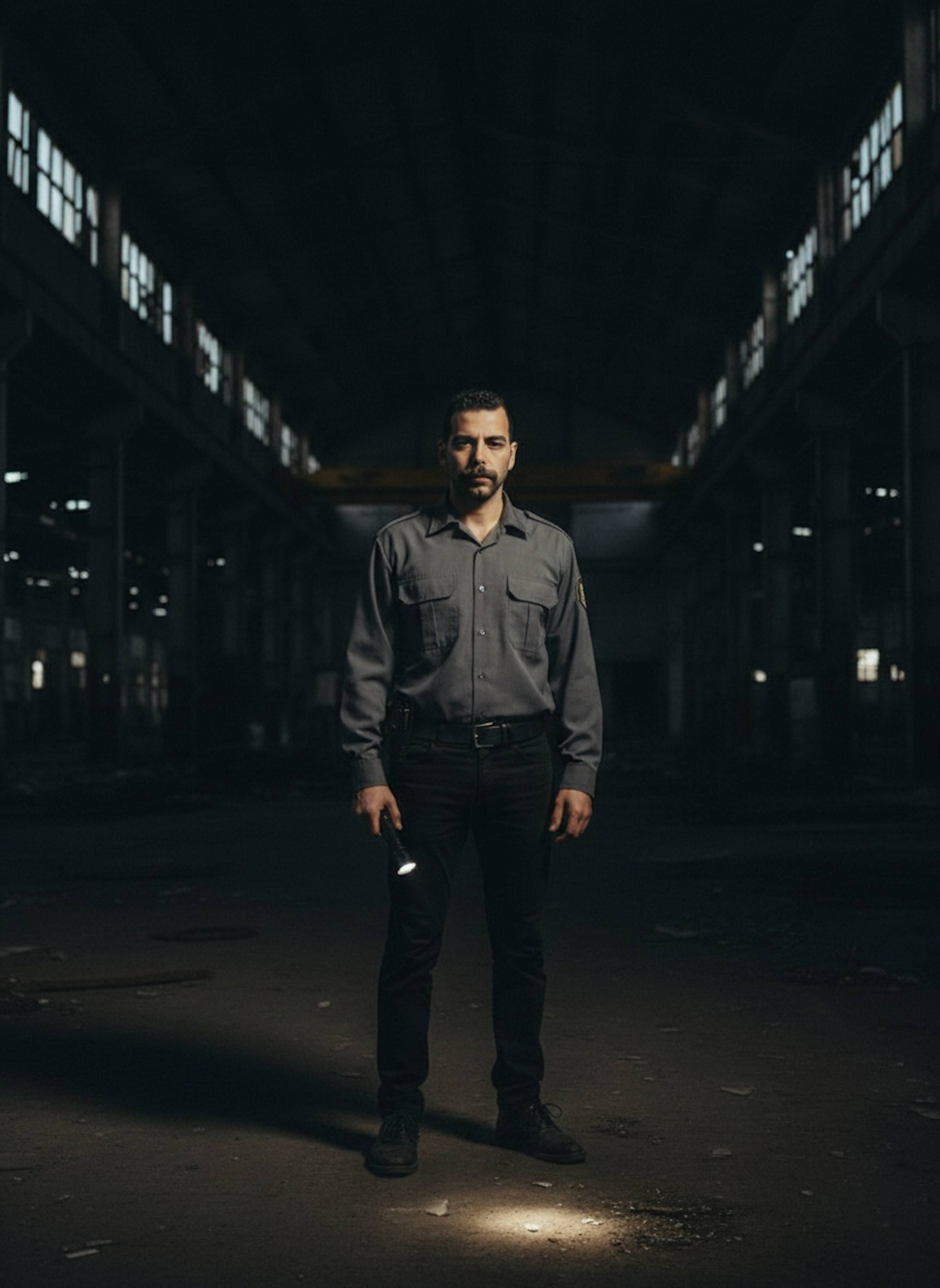 Person standing alone inside a massive abandoned factory at night with dim industrial lighting and long shadows