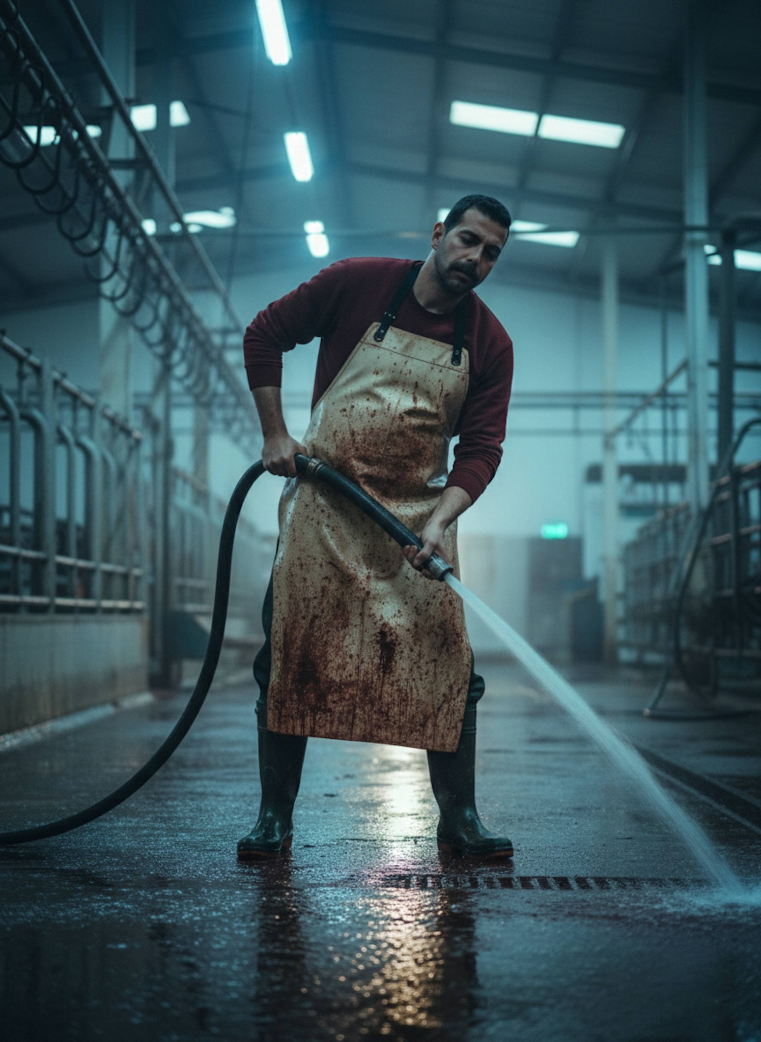 Person cleaning wet floors in an industrial facility at dawn with cold harsh lighting and stark documentary atmosphere
