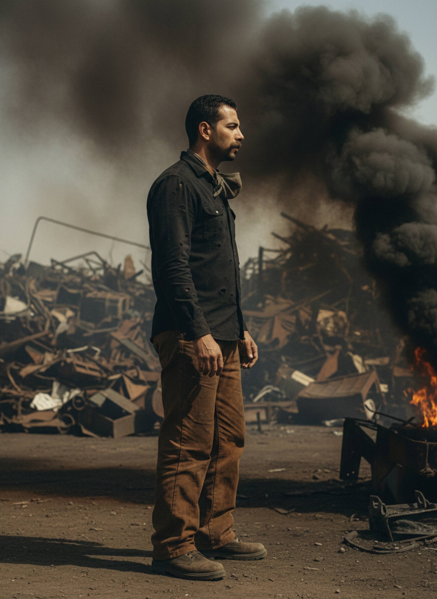 Person burning scrap metal in an isolated desert scrapyard with orange fire glow and rising smoke in dark documentary style