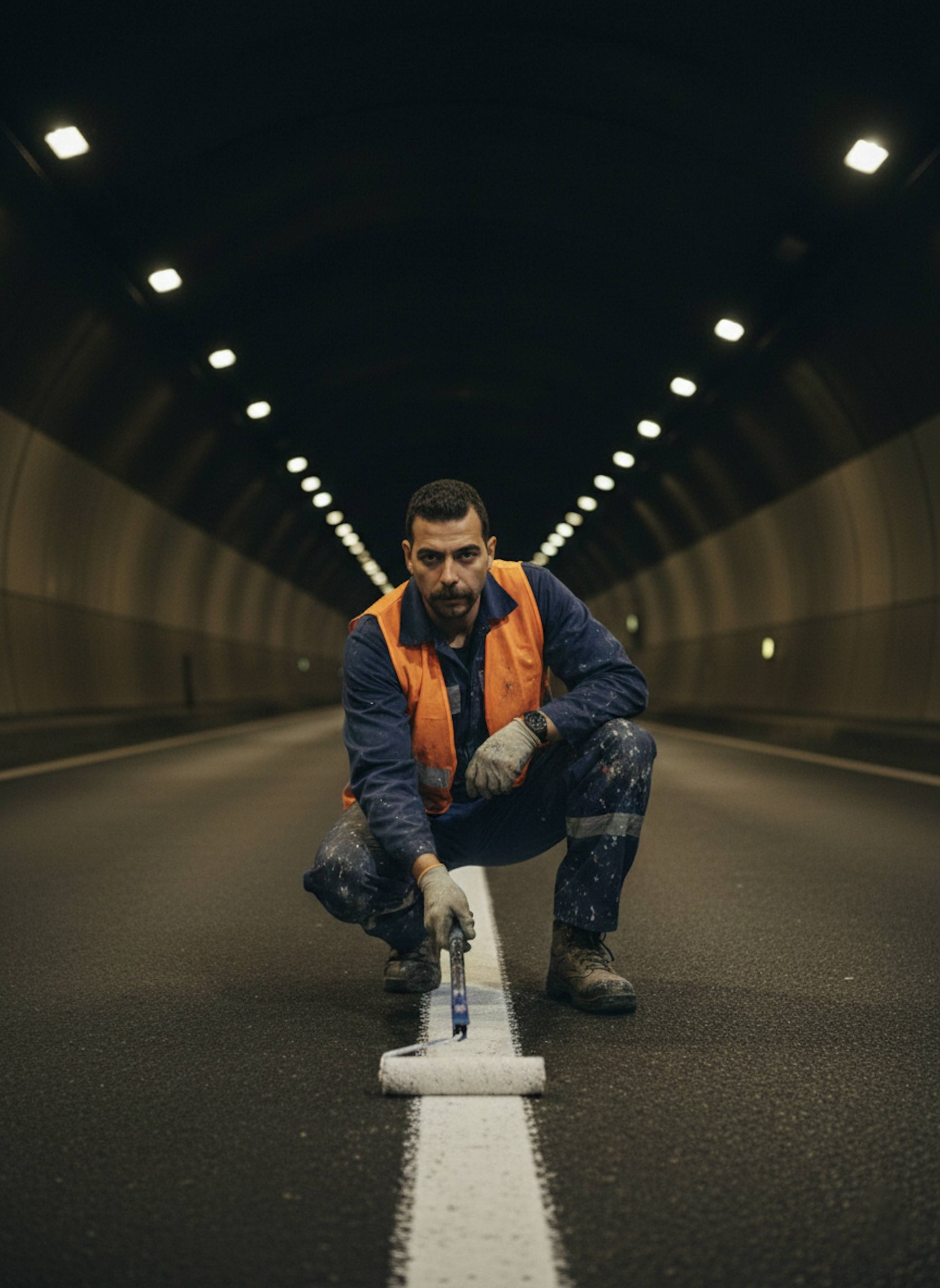 Person painting road lines inside a highway tunnel at midnight with industrial lighting and geometric shadows