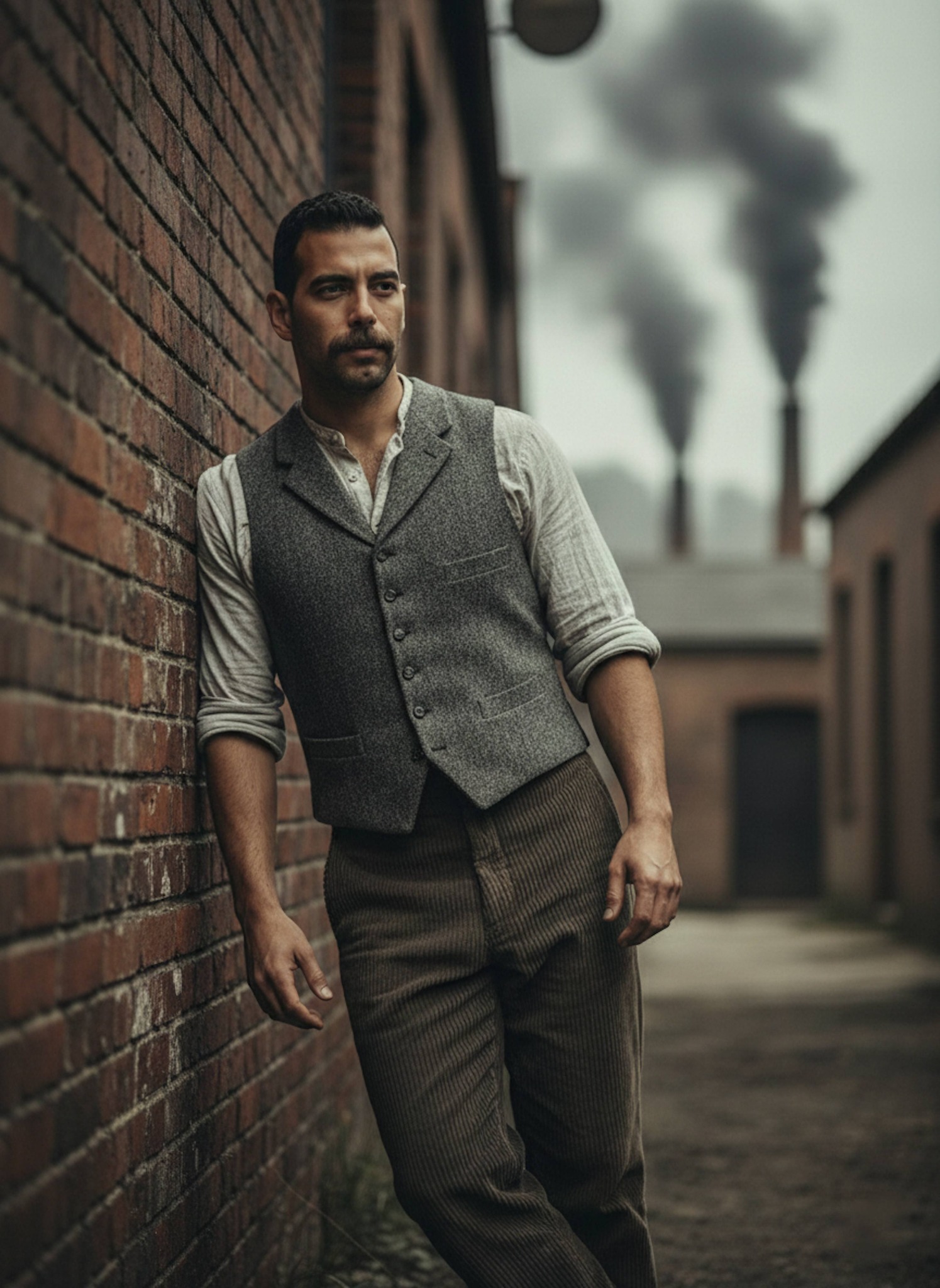 Person in a soot-stained tweed waistcoat leaning against a red brick wall in a gritty Victorian industrial alleyway with distant smoke