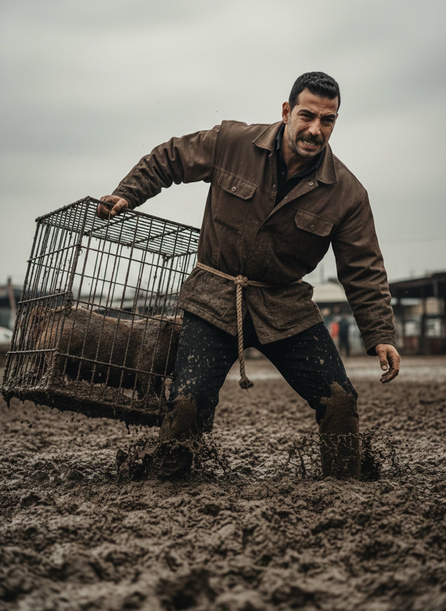 Person carrying a heavy livestock cage through muddy market grounds in dark documentary style with gritty textures