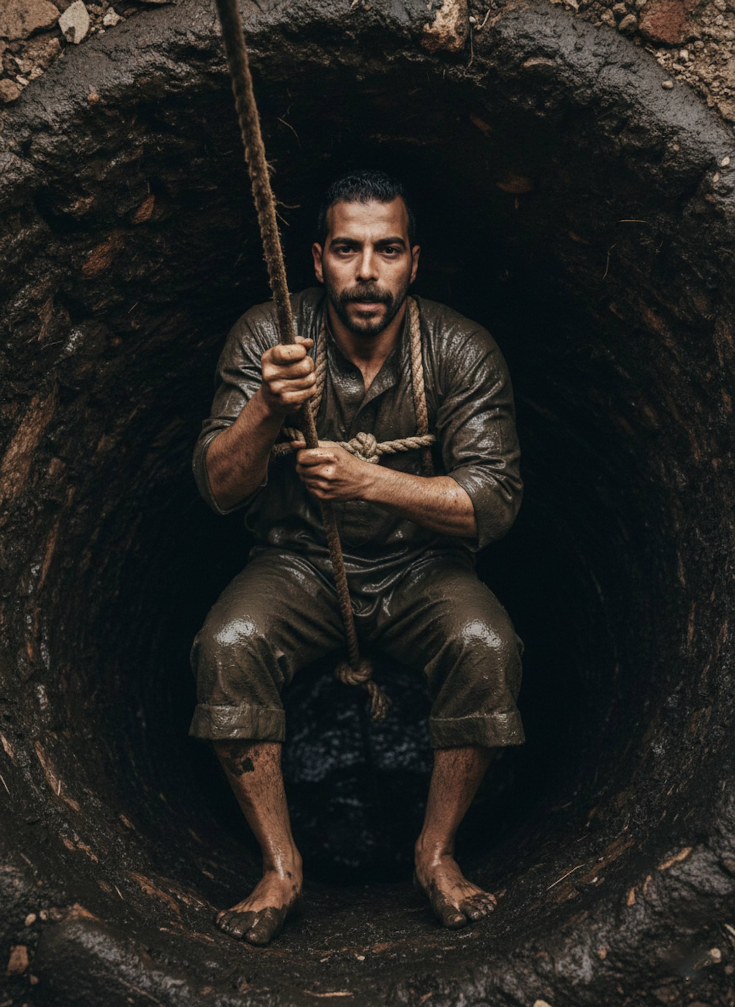 Person climbing out of a deep hand-dug well in a remote village with earthy walls and bright sky above in documentary style