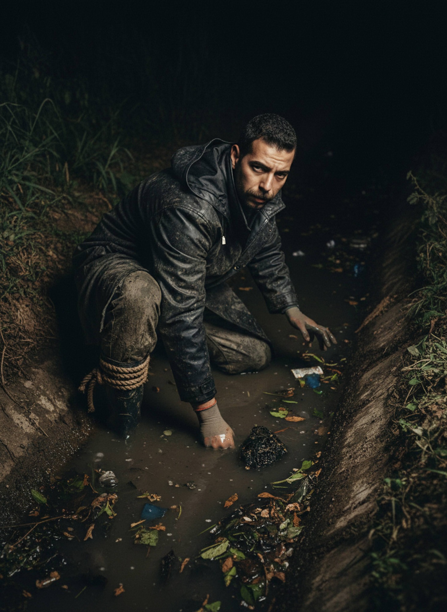Person removing waste from a narrow agricultural canal at night with harsh utility lighting and muddy water