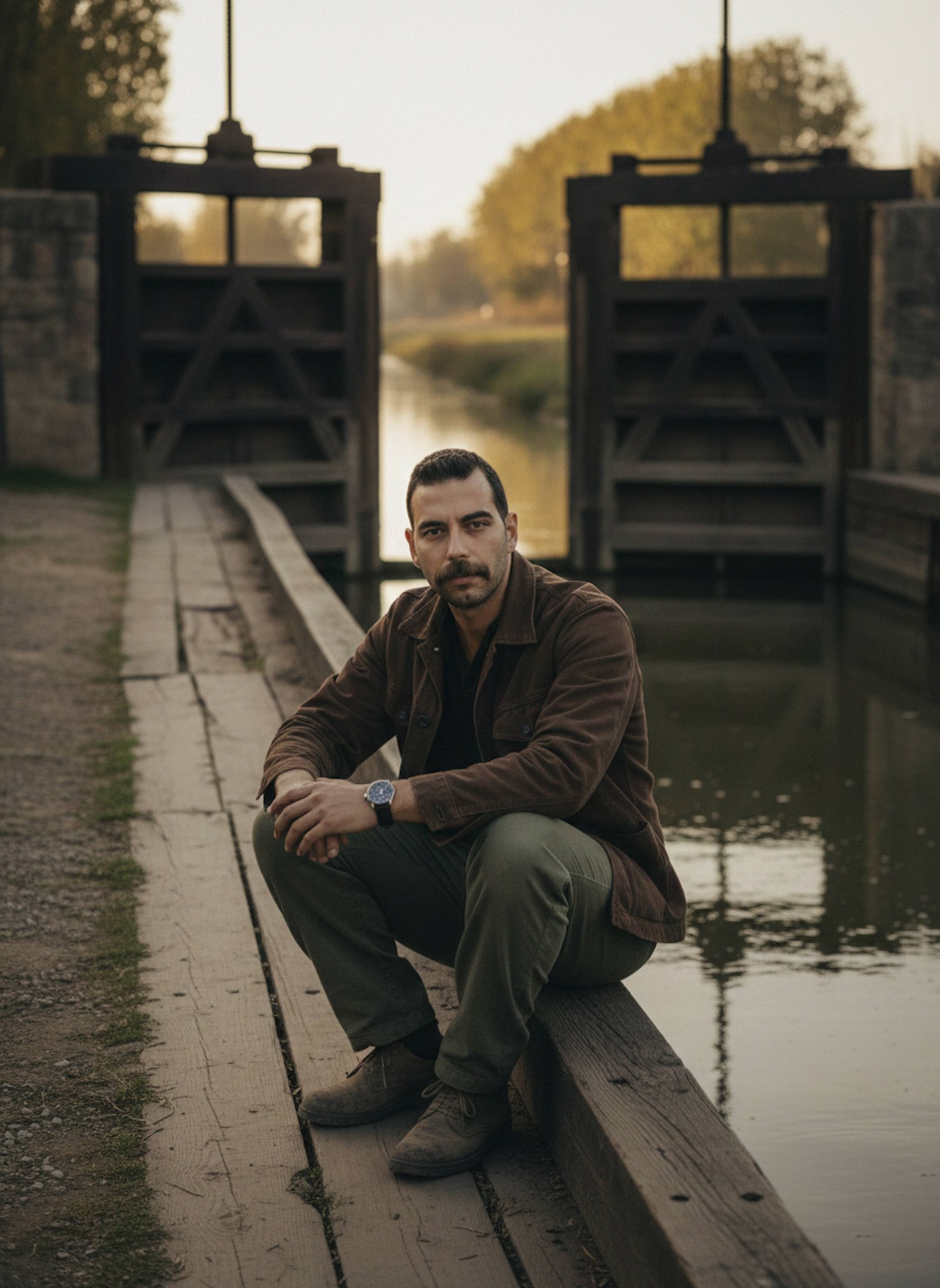 Person sitting beside an old canal gate on a slow afternoon with warm golden light and rural vegetation