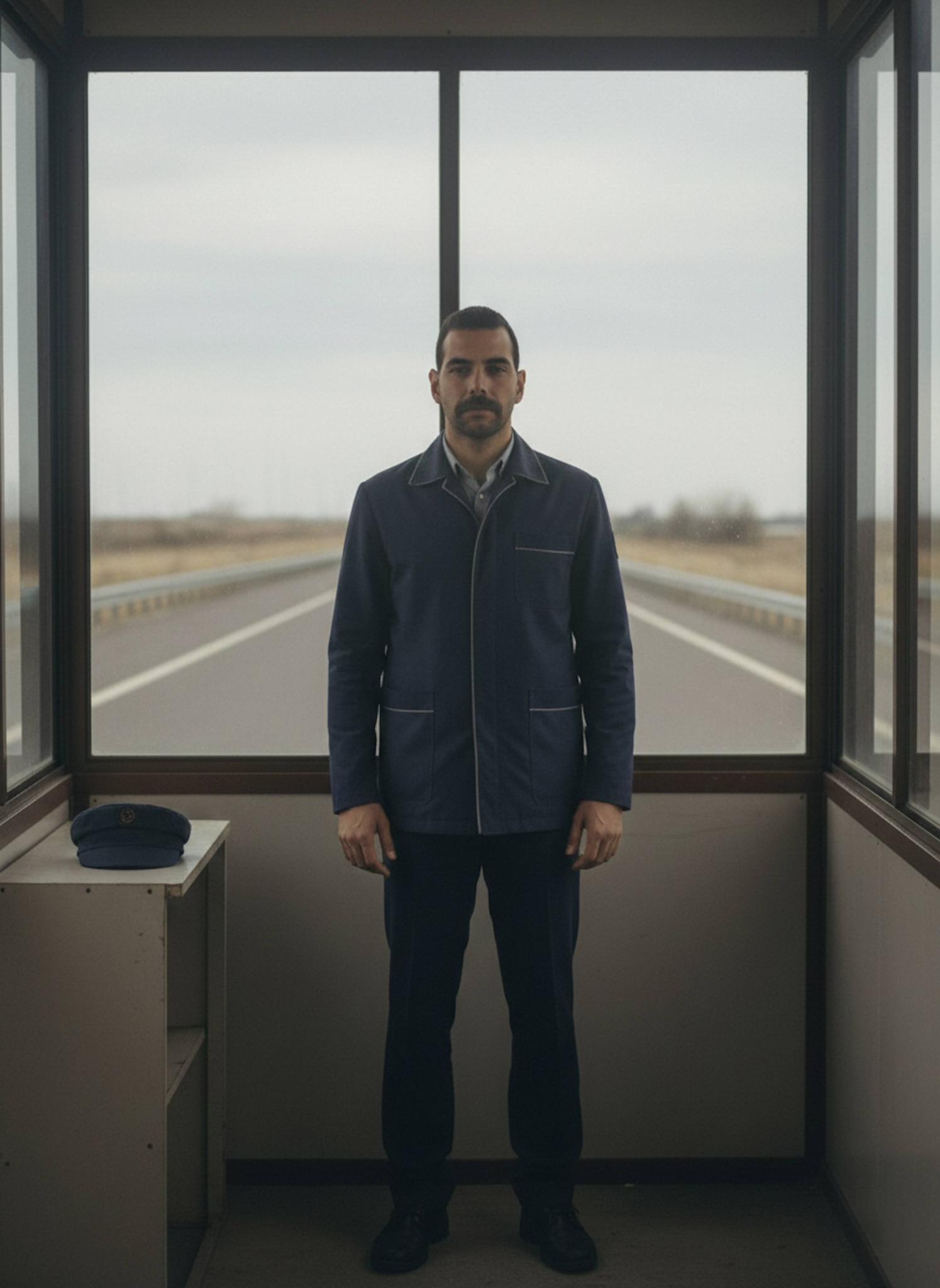 Person standing inside a lonely toll booth on a vast highway at night with fluorescent light and dark road beyond