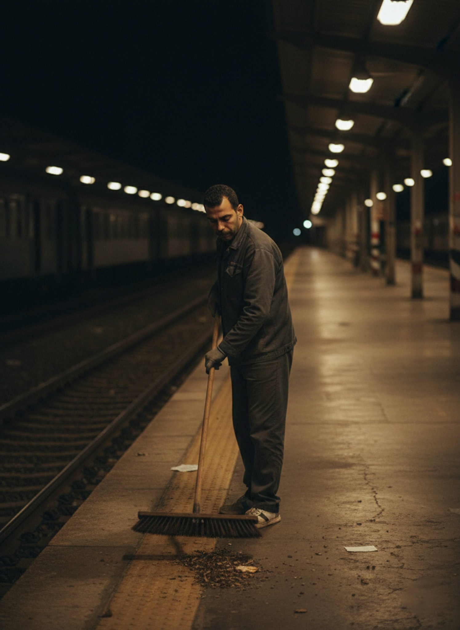 Person sweeping an empty train platform at night with dim platform lights casting long shadows across the deserted station