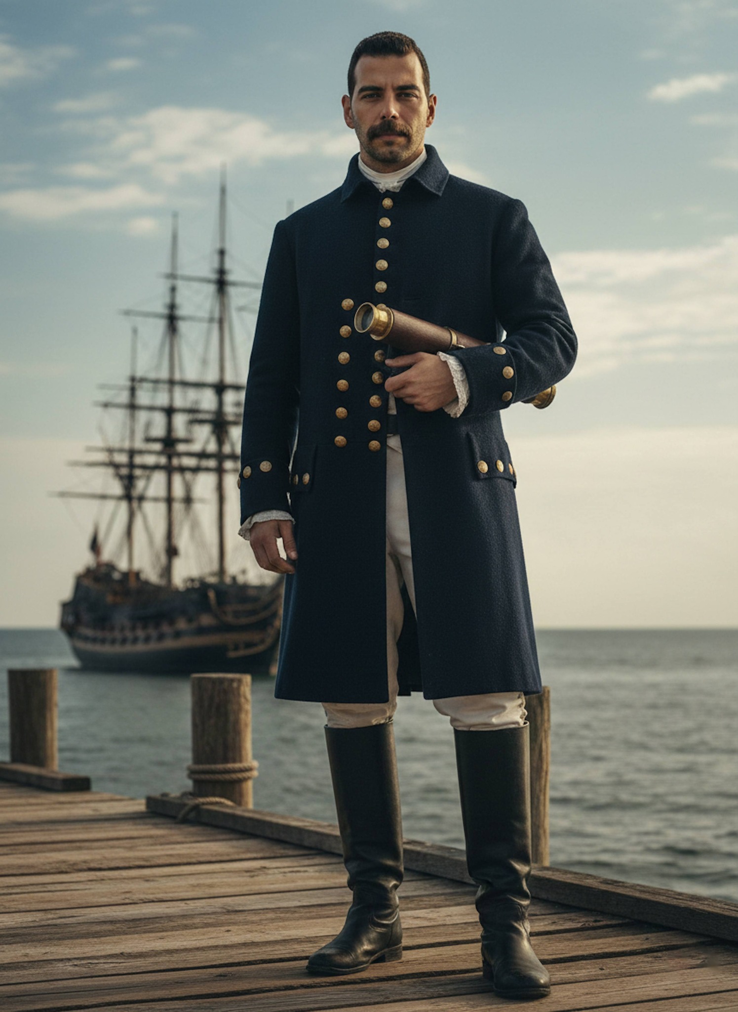 Person dressed as an 18th-century naval officer with brass-buttoned coat and telescope standing on a wooden pier with a sailing ship behind
