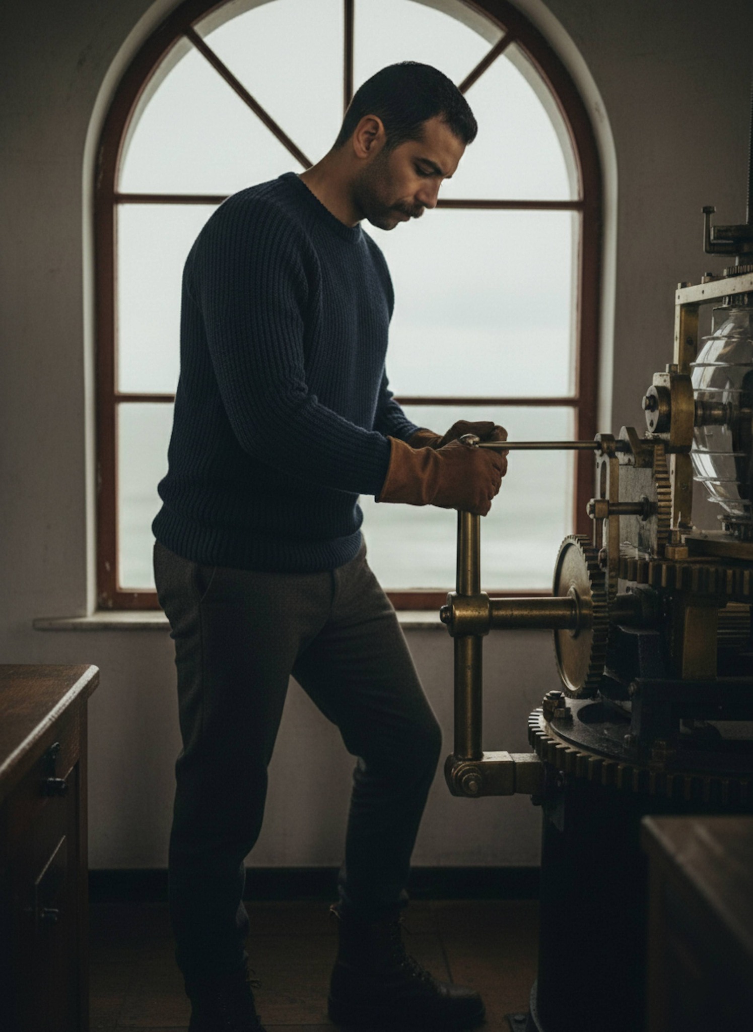 Person maintaining a coastal lighthouse with ocean mist, salt-weathered surfaces, and maritime solitude in documentary style