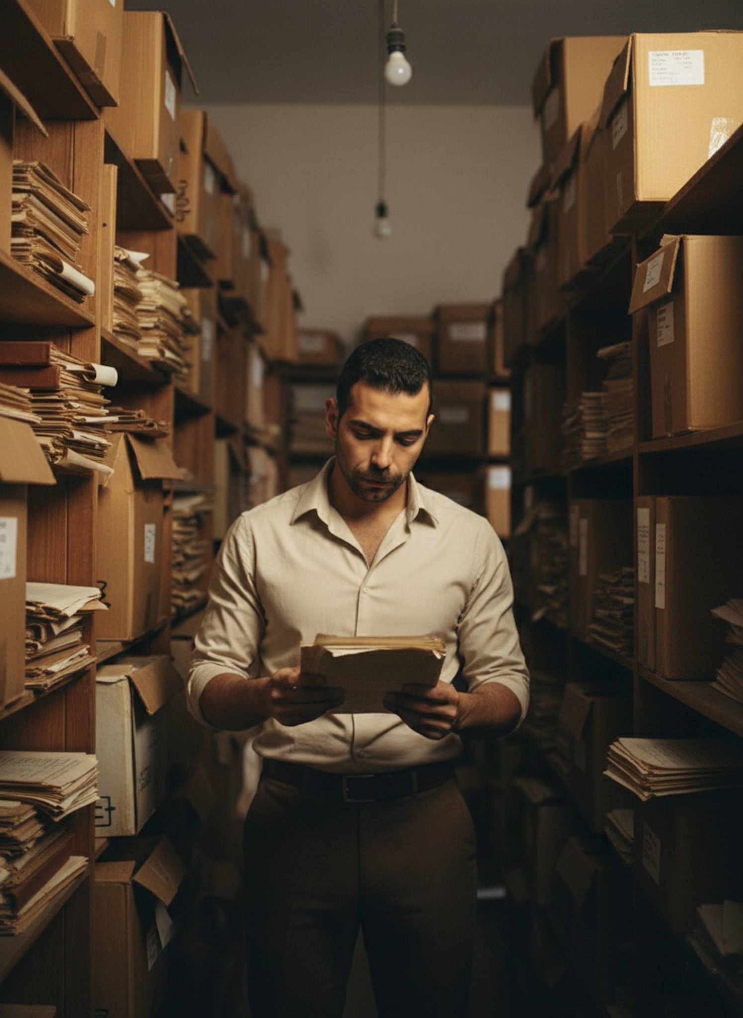 Person organizing dusty files in a forgotten government archive with towering paper shelves and dim filtered light