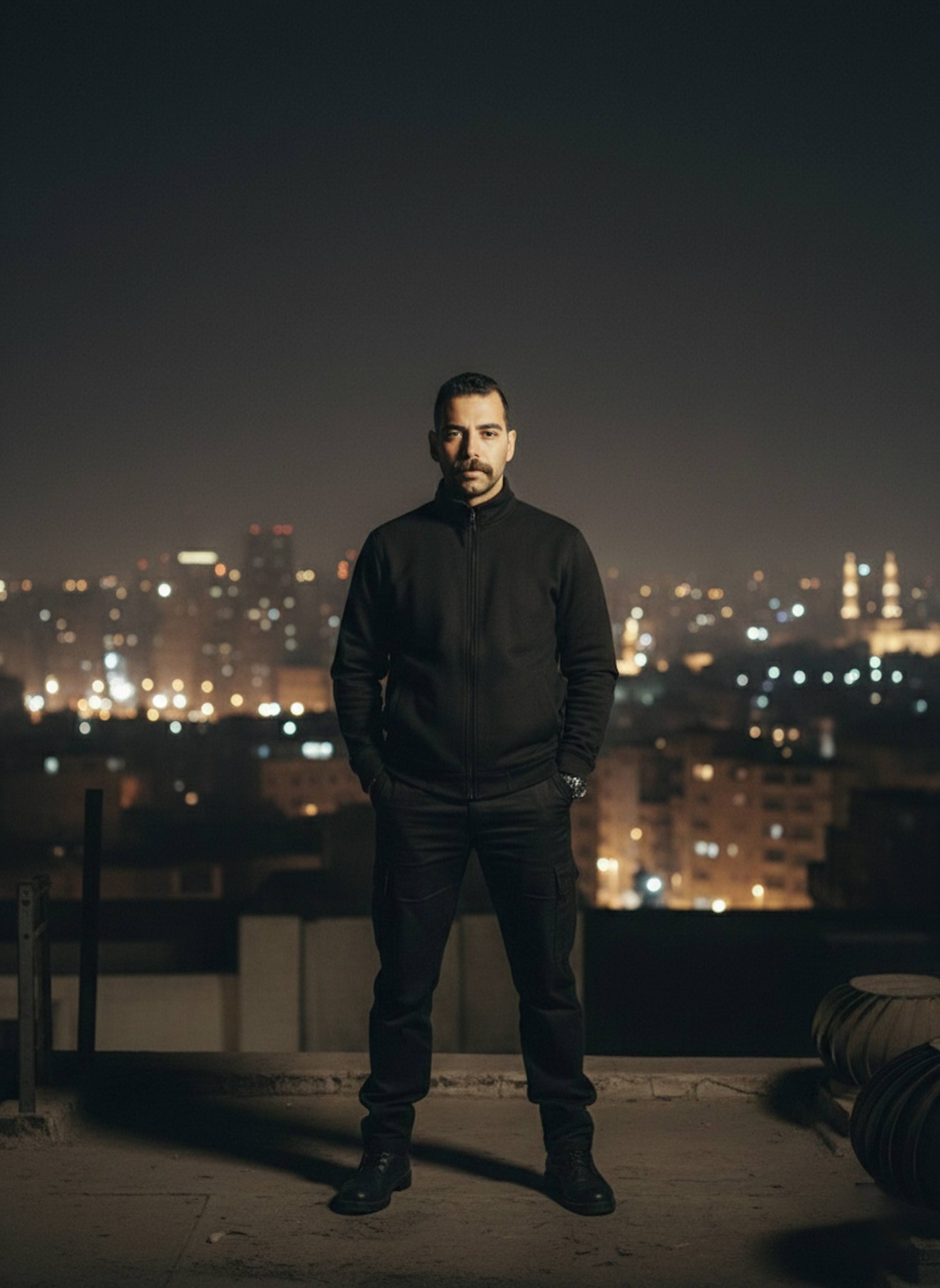 Person standing on a rooftop at night overlooking a sleeping city with ambient lights below