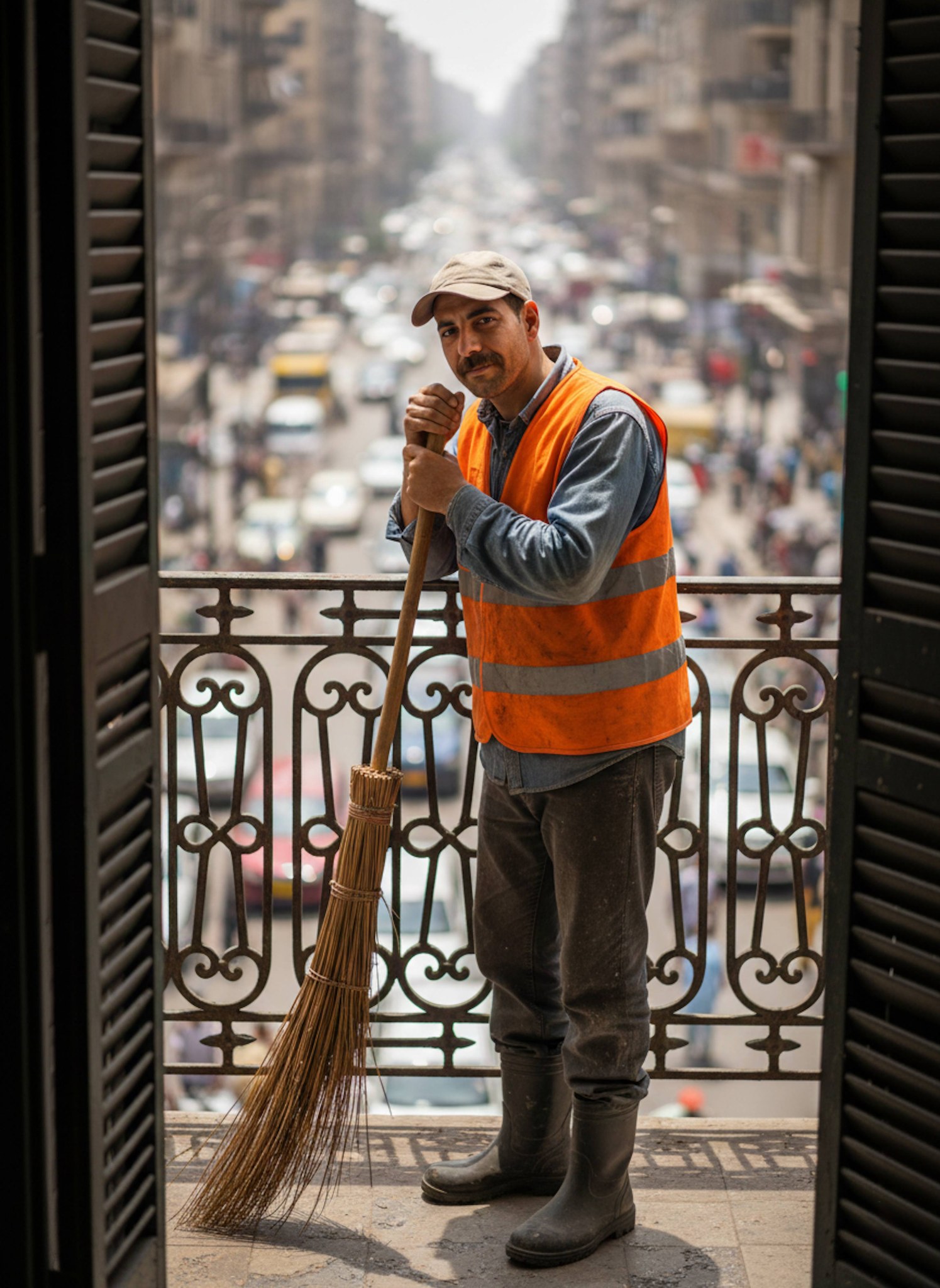 Person working as a street cleaner in downtown Cairo framed through historic balcony iron bars