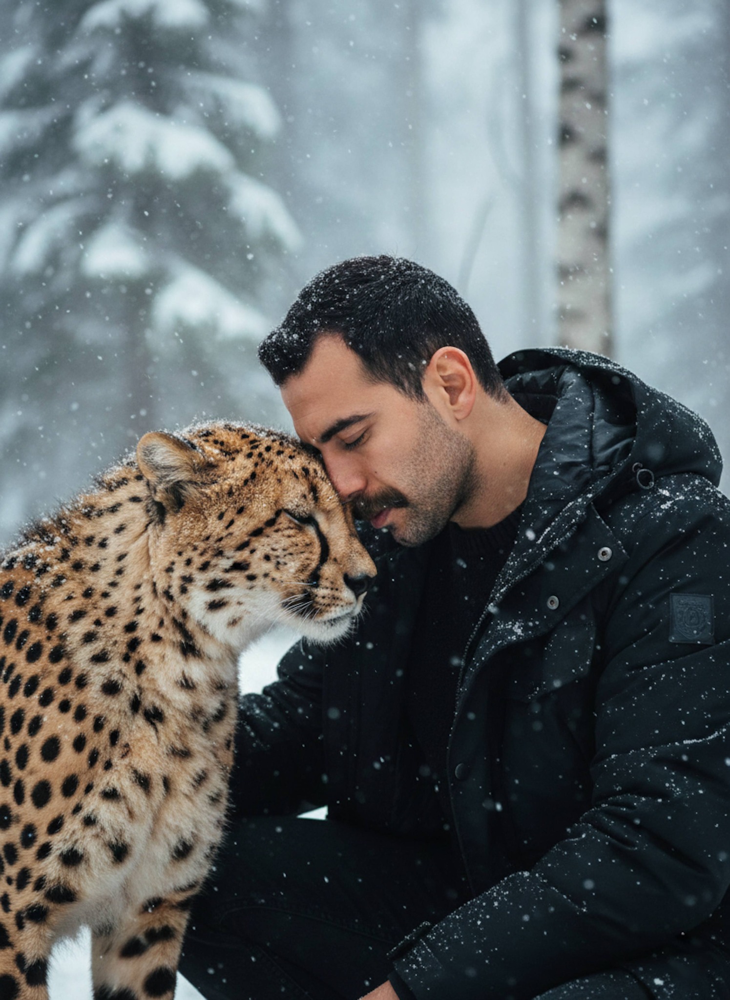 Person in black coat bonding forehead-to-forehead with a cheetah in a snowy forest