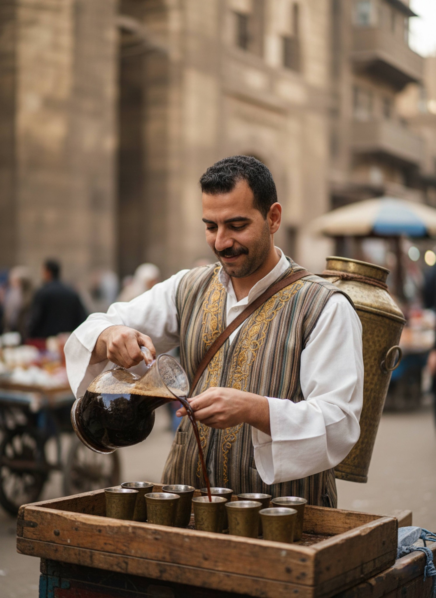Person pouring licorice tea from ornate glass vessel on Al-Muizz Street wearing traditional vest