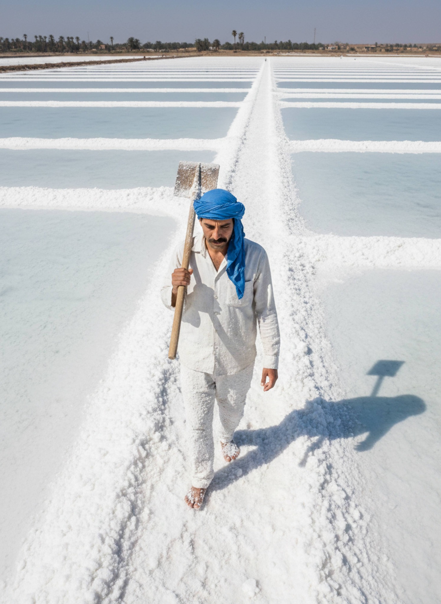 Aerial drone view of person walking through white crystalline salt lake formations in Siwa