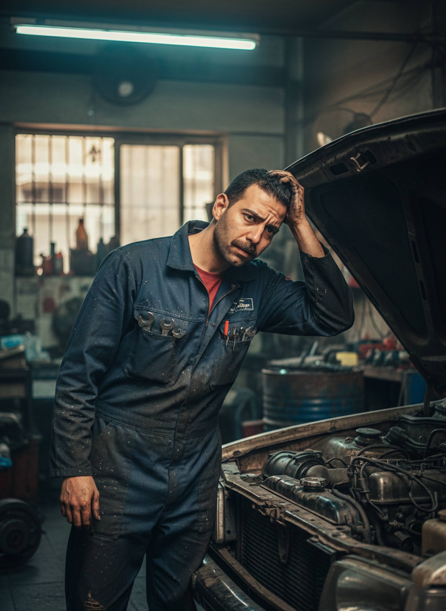 Mechanic wiping sweat in a grease-stained workshop surrounded by engine parts and tools