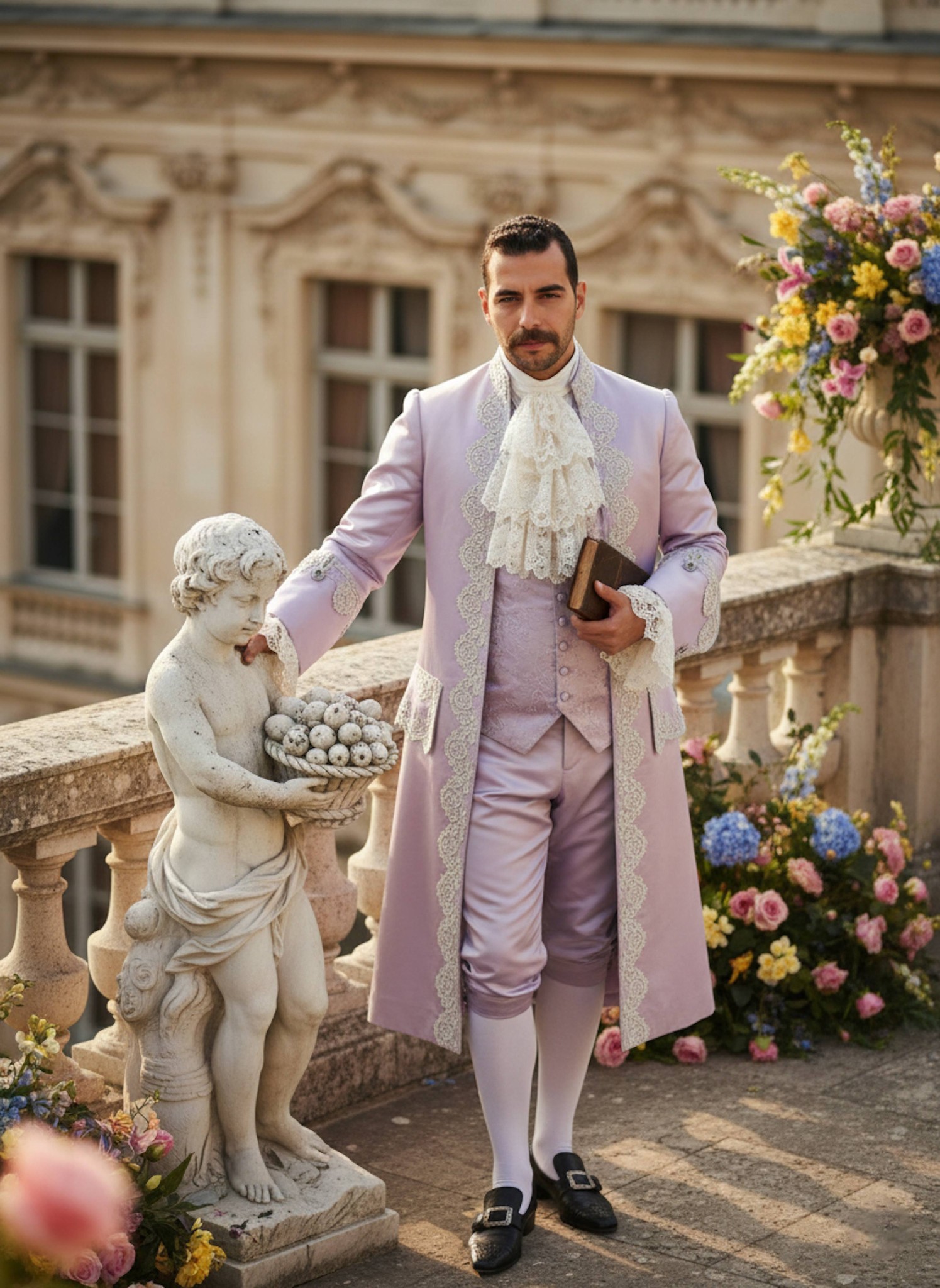 Person in a pale lavender silk Rococo coat with lace cuffs holding a book beside a marble statue on a palace terrace