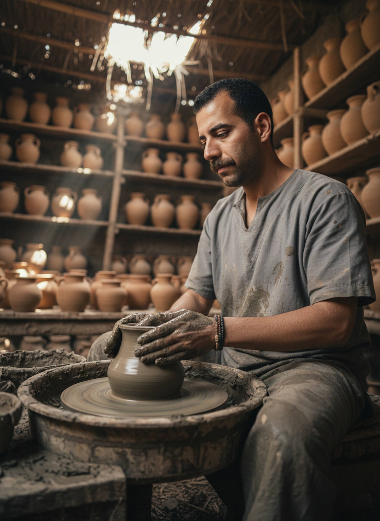 Person sitting at spinning pottery wheel with clay-covered hands in Fustat pottery village
