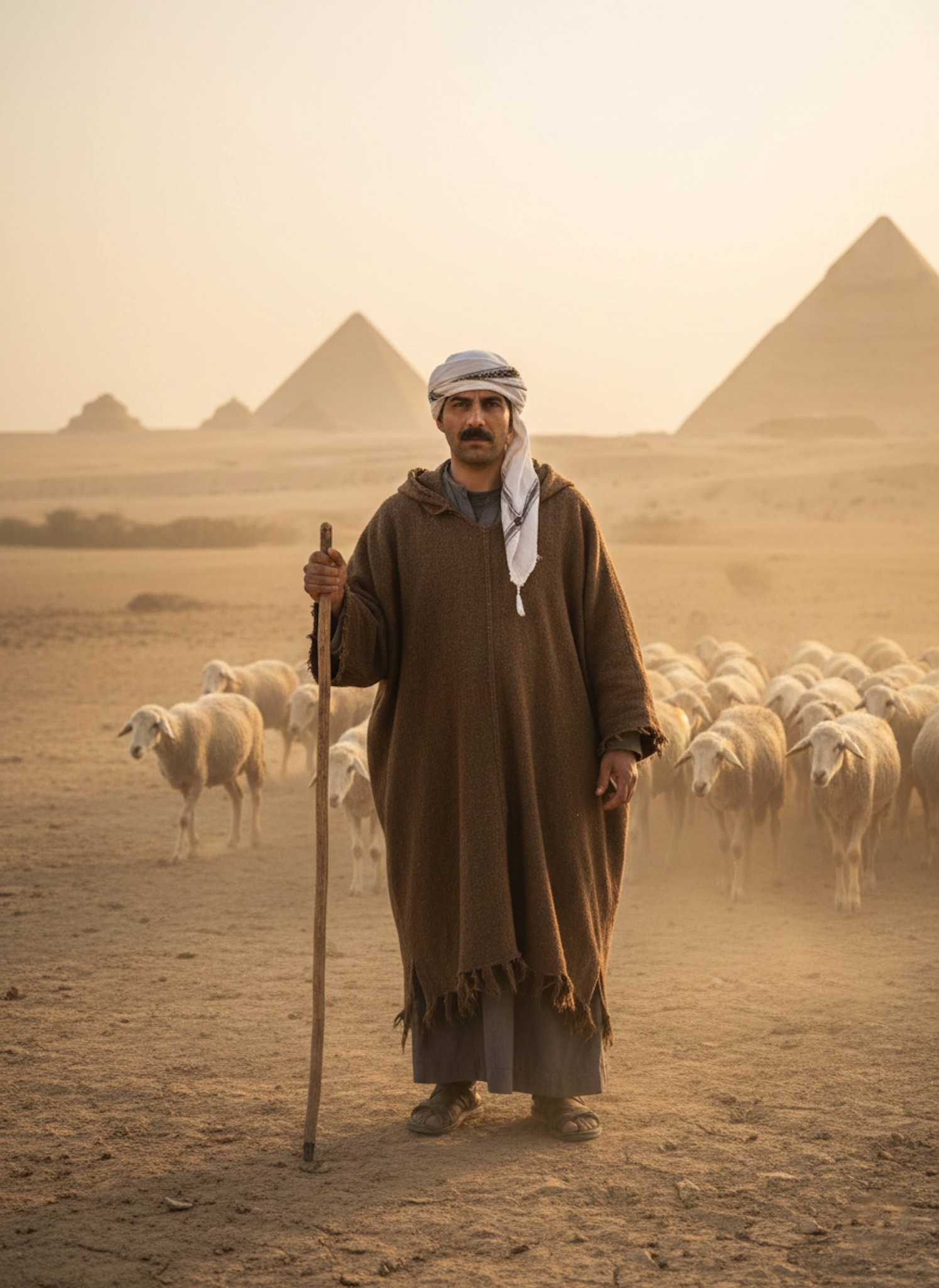 Shepherd walking through dusty fields near Giza with a flock in a wide cinematic shot