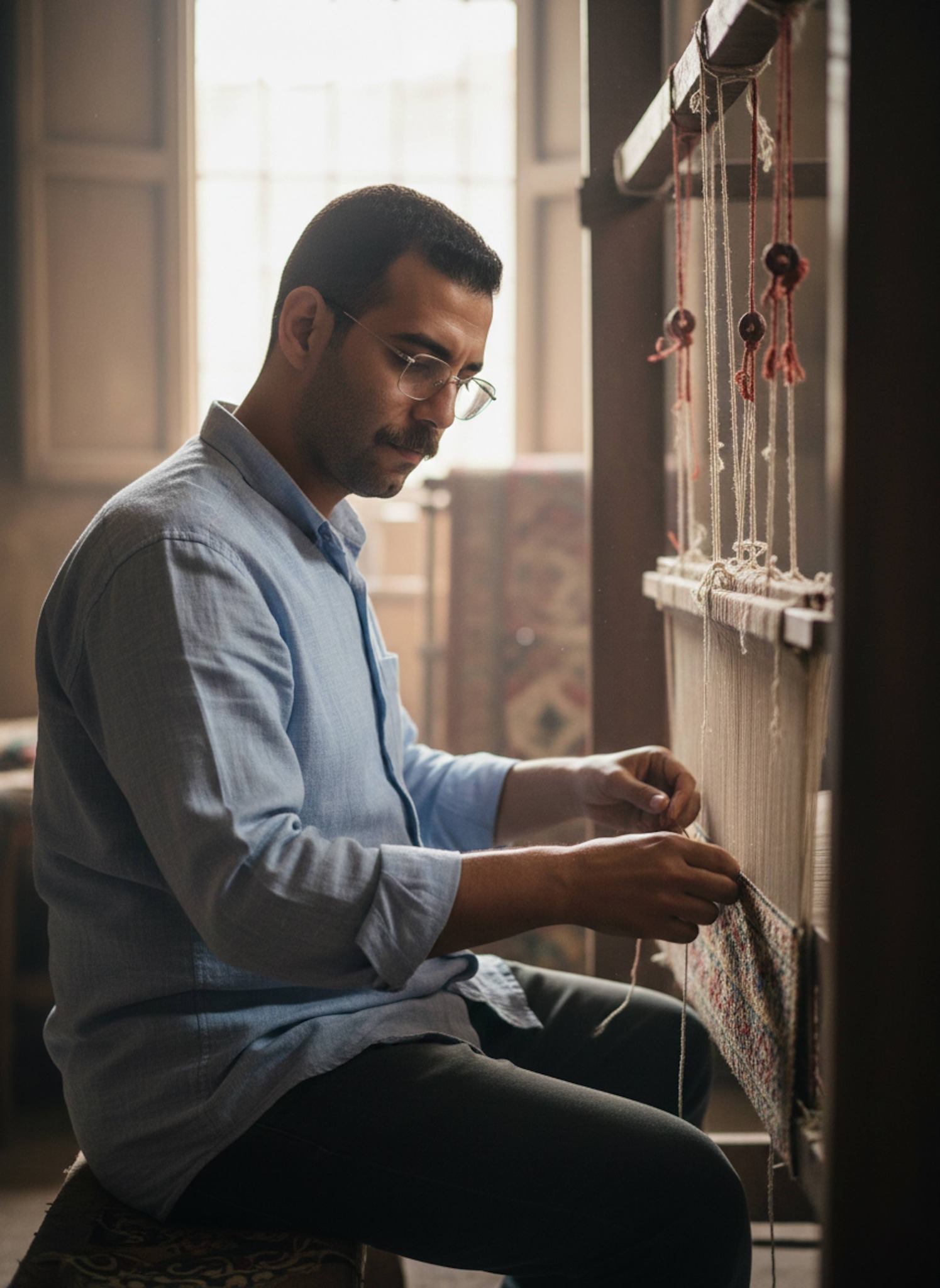 Person sitting at vertical loom weaving carpet in Saqqara workshop with focused expression