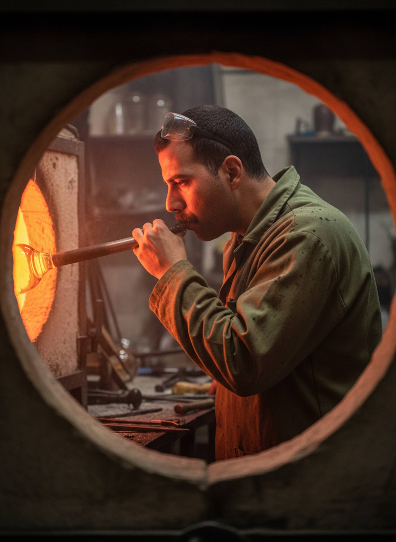 Glassblower in side profile framed through circular furnace opening in amber-lit workshop
