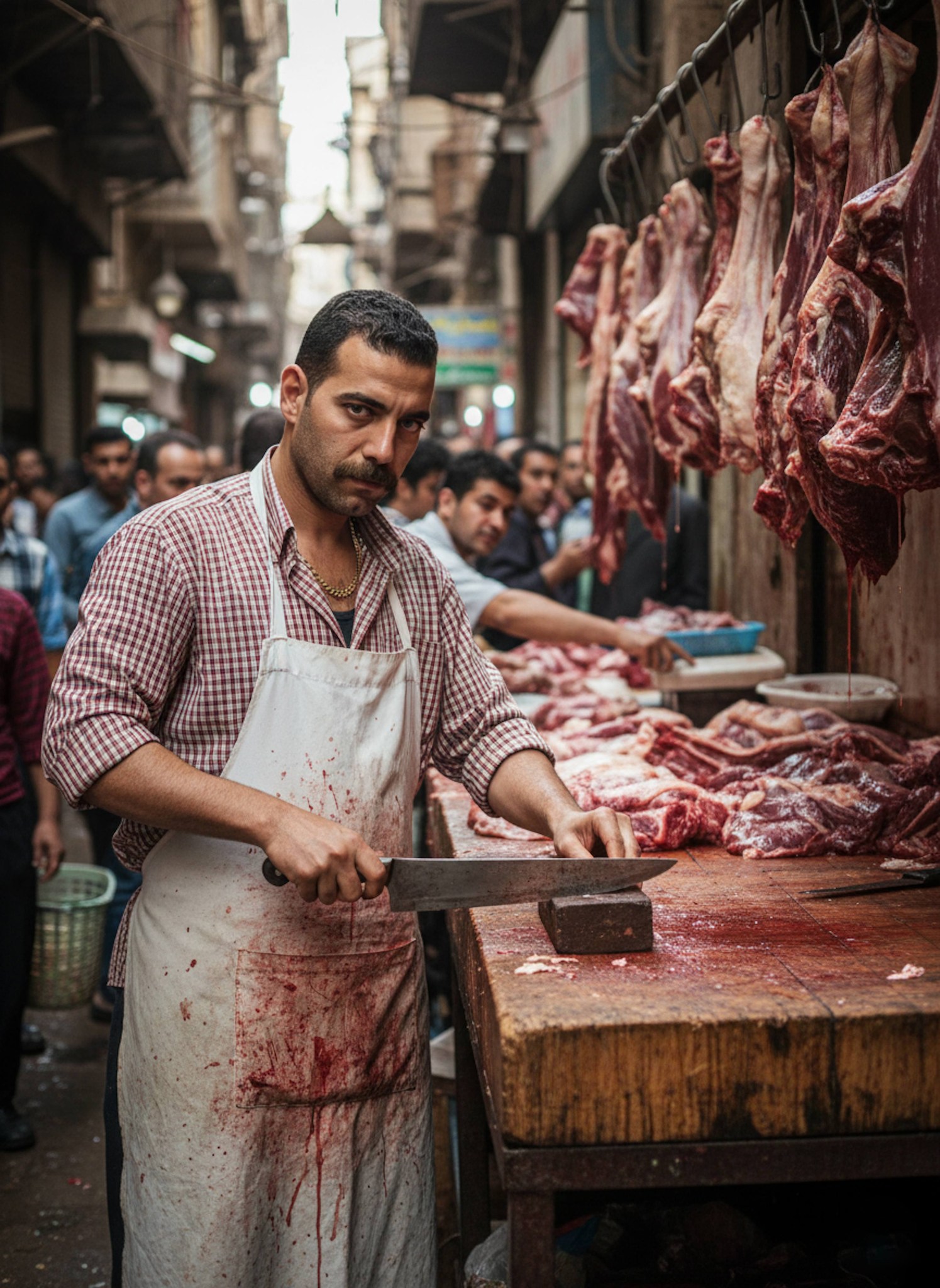 Butcher sharpening large steel knife in busy street market wearing white canvas apron