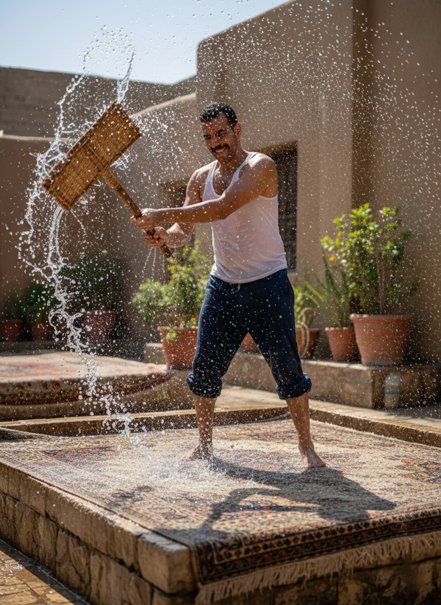 Person beating a rug outdoors with dramatic water splash in motion capture style