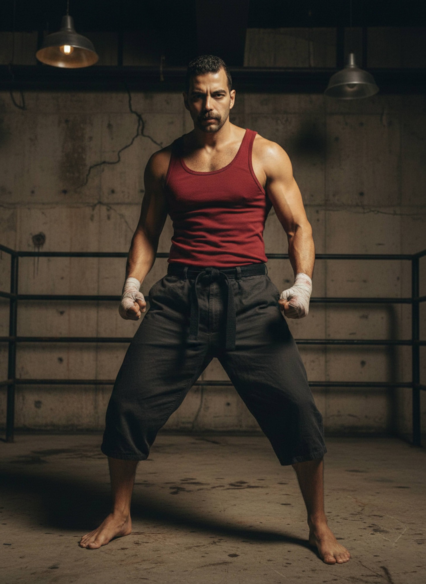 Person embodying Baki Hanma standing in underground fighting arena with concrete walls and dim lights
