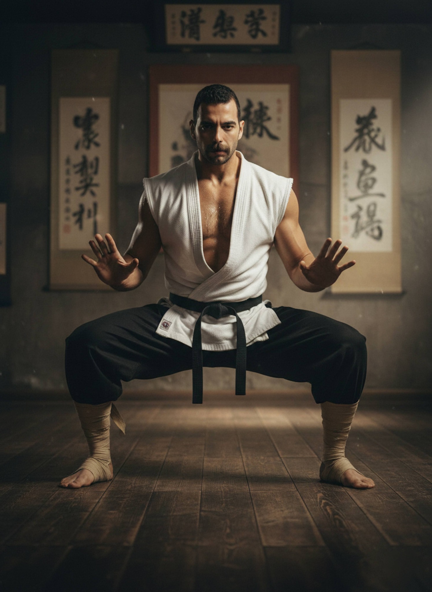 Person in white gi training inside traditional underground dojo with wooden floors and scrolls