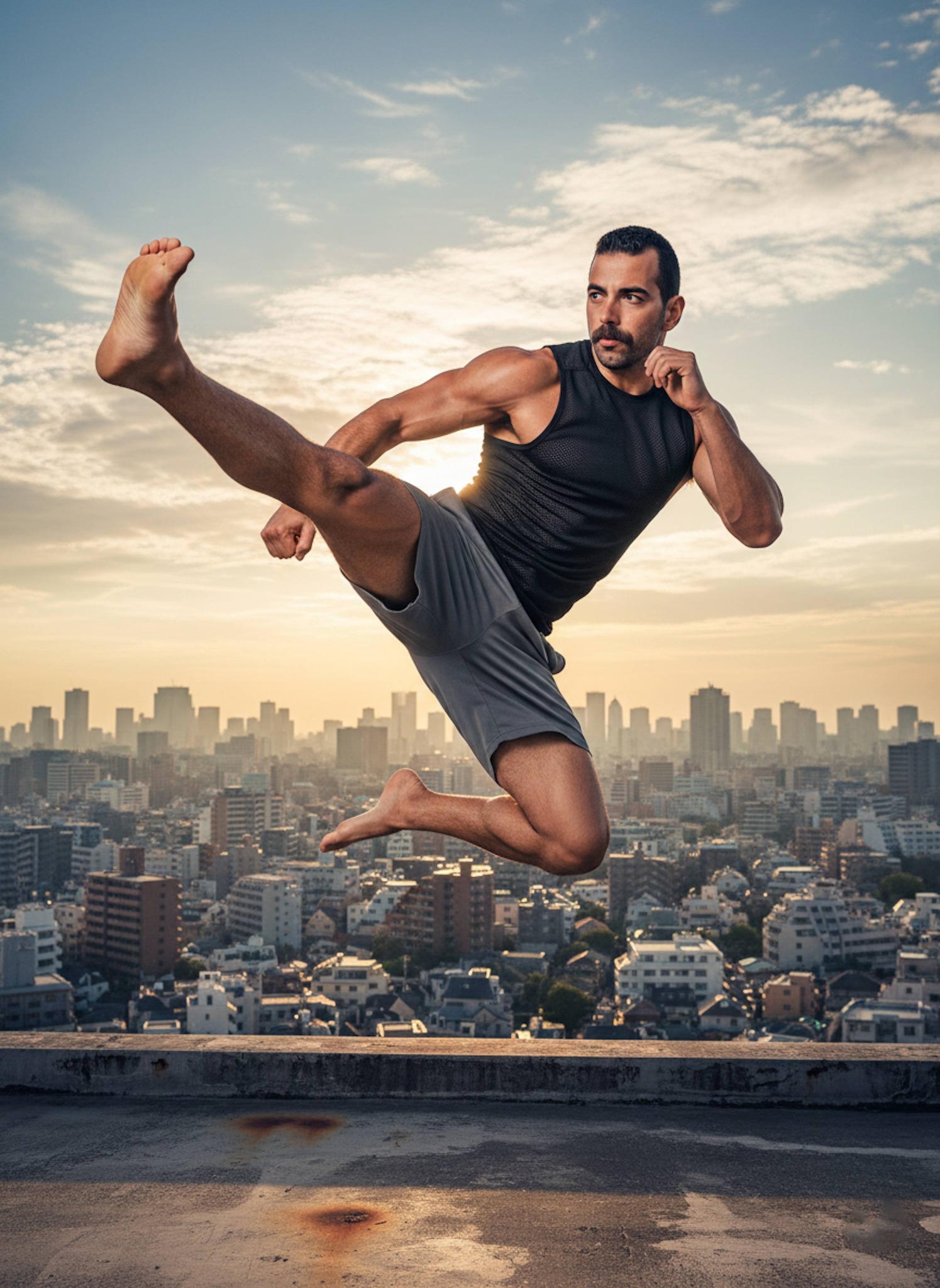 Person performing mid-air kick on Tokyo rooftop at sunrise as Baki Hanma