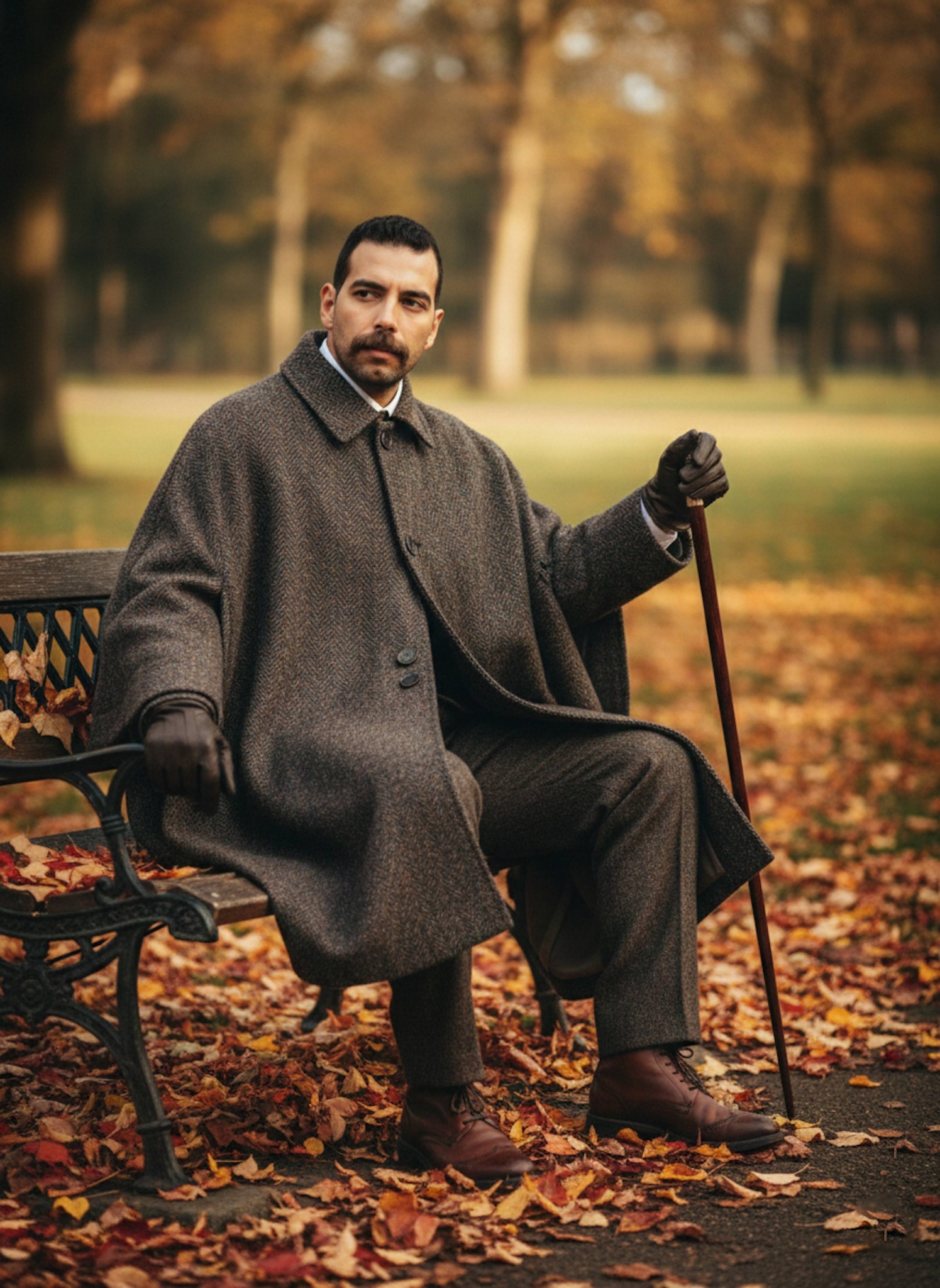 Person in a herringbone wool Inverness cape seated on a wrought iron bench in a Victorian park with golden autumn leaves